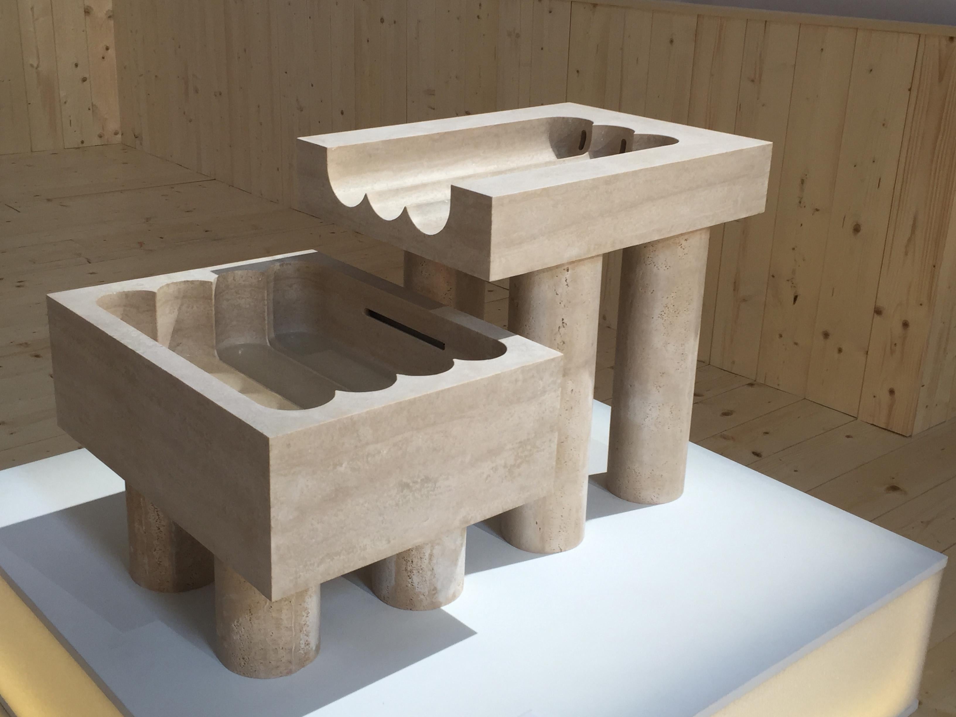 Monolithic Font - Two part fountain carved from Roman Travertine In New Condition For Sale In London, GB