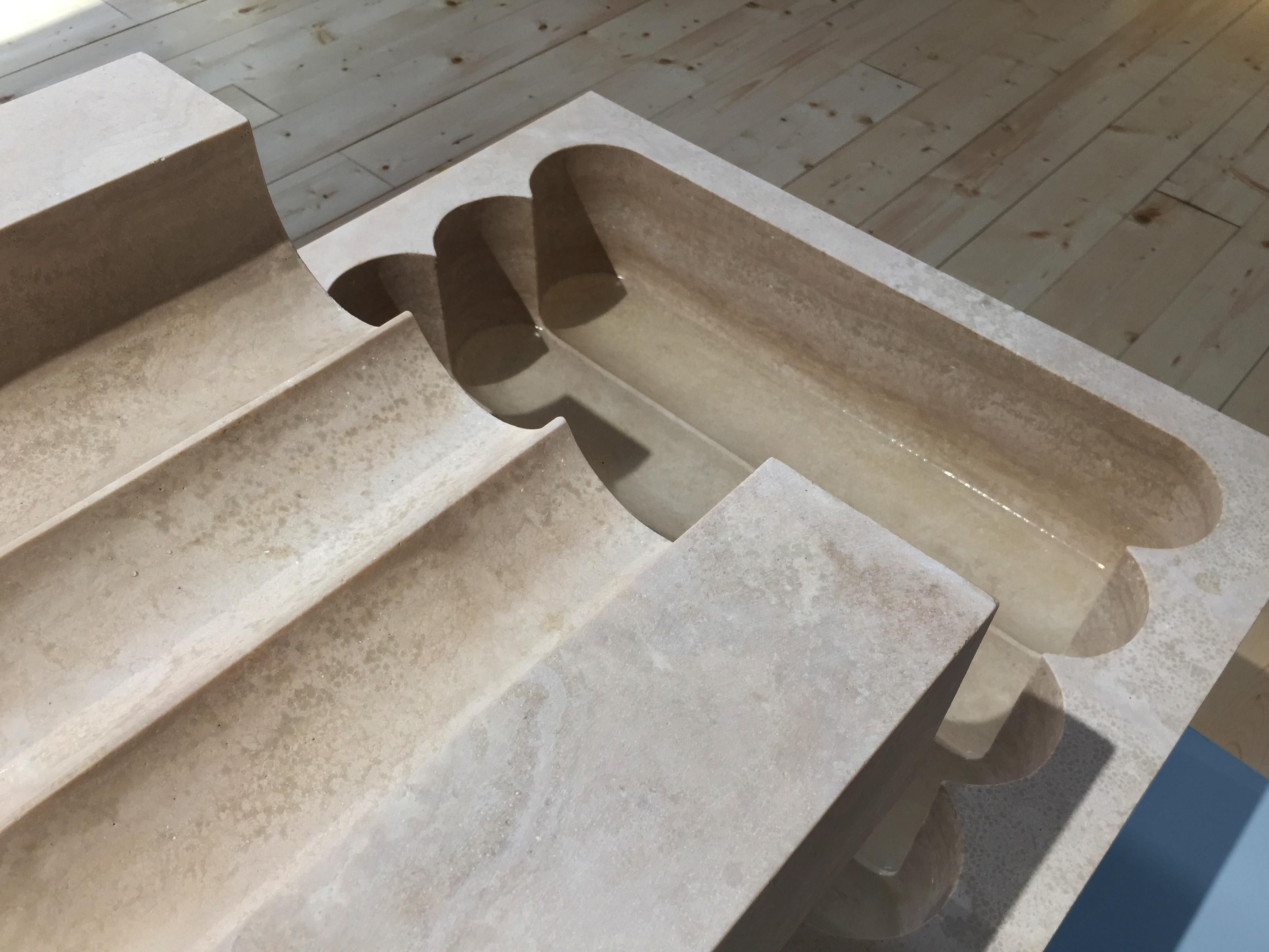 Contemporary Monolithic Font - Two part fountain carved from Rosso Etrusco sandstone For Sale