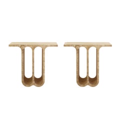 Modern Pair of Italian Ivory Travertine Consoles with Semi-Circular Arches