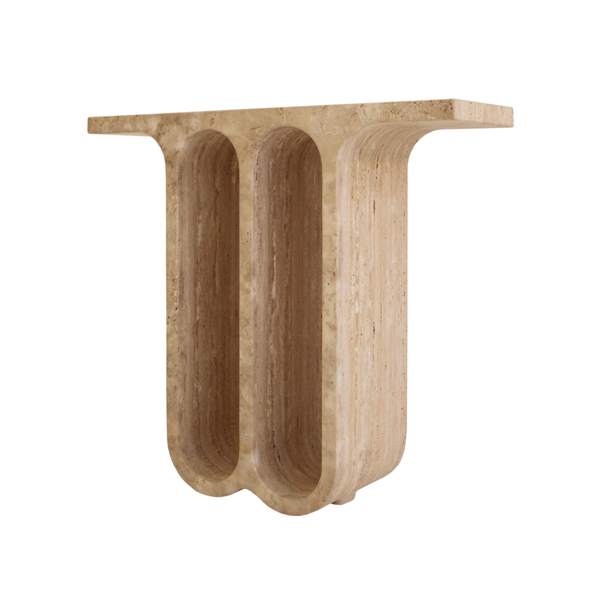 Late 20th Century Monolithic Ivory Travertine Arch Consoles, Italy Modern 1980, Set of Two For Sale