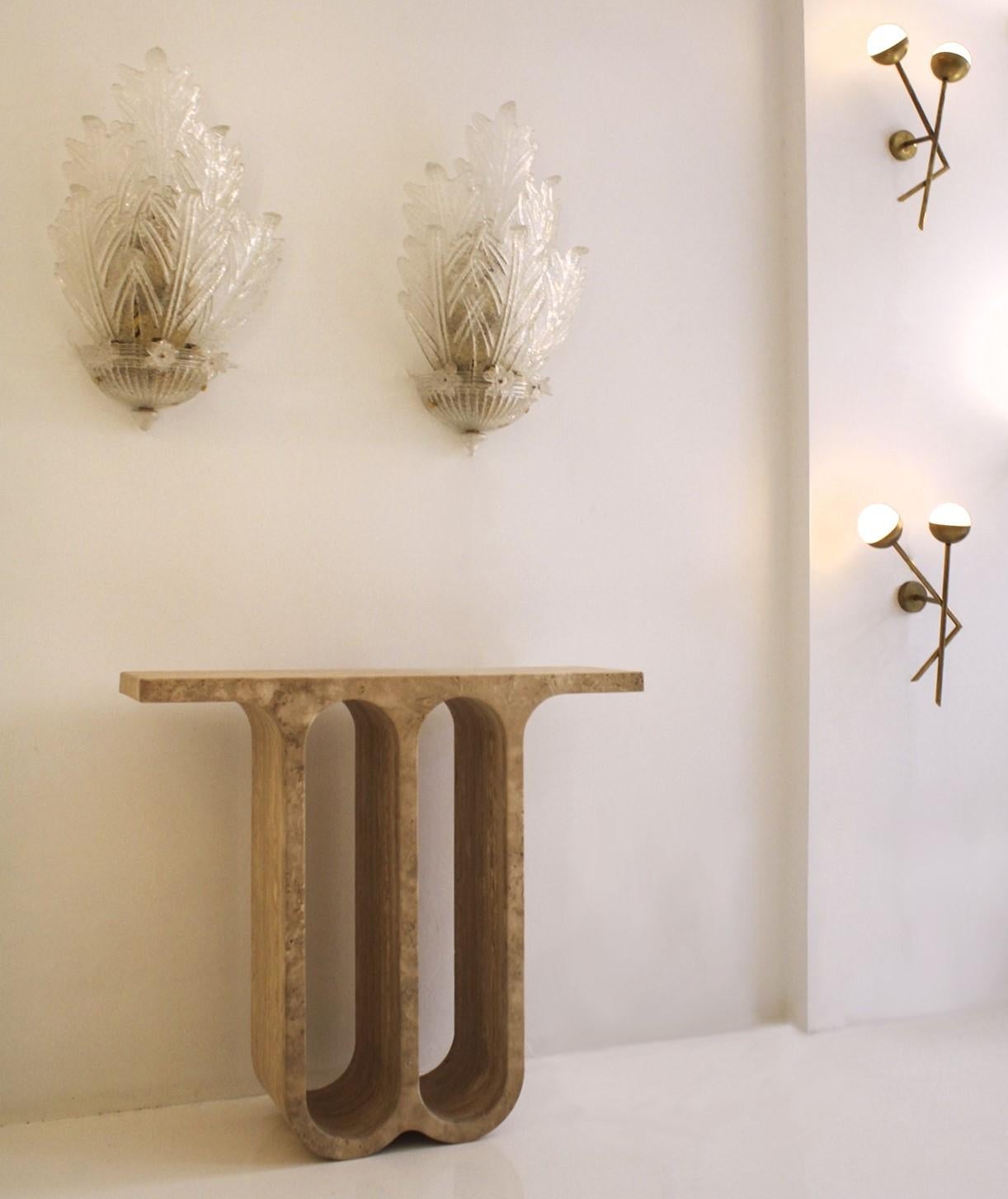 Monolithic Ivory Travertine Arch Consoles, Italy Modern 1980, Set of Two For Sale 5