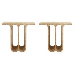 Monolithic Ivory Travertine Arch Consoles, Italy Modern 1980, Set of Two