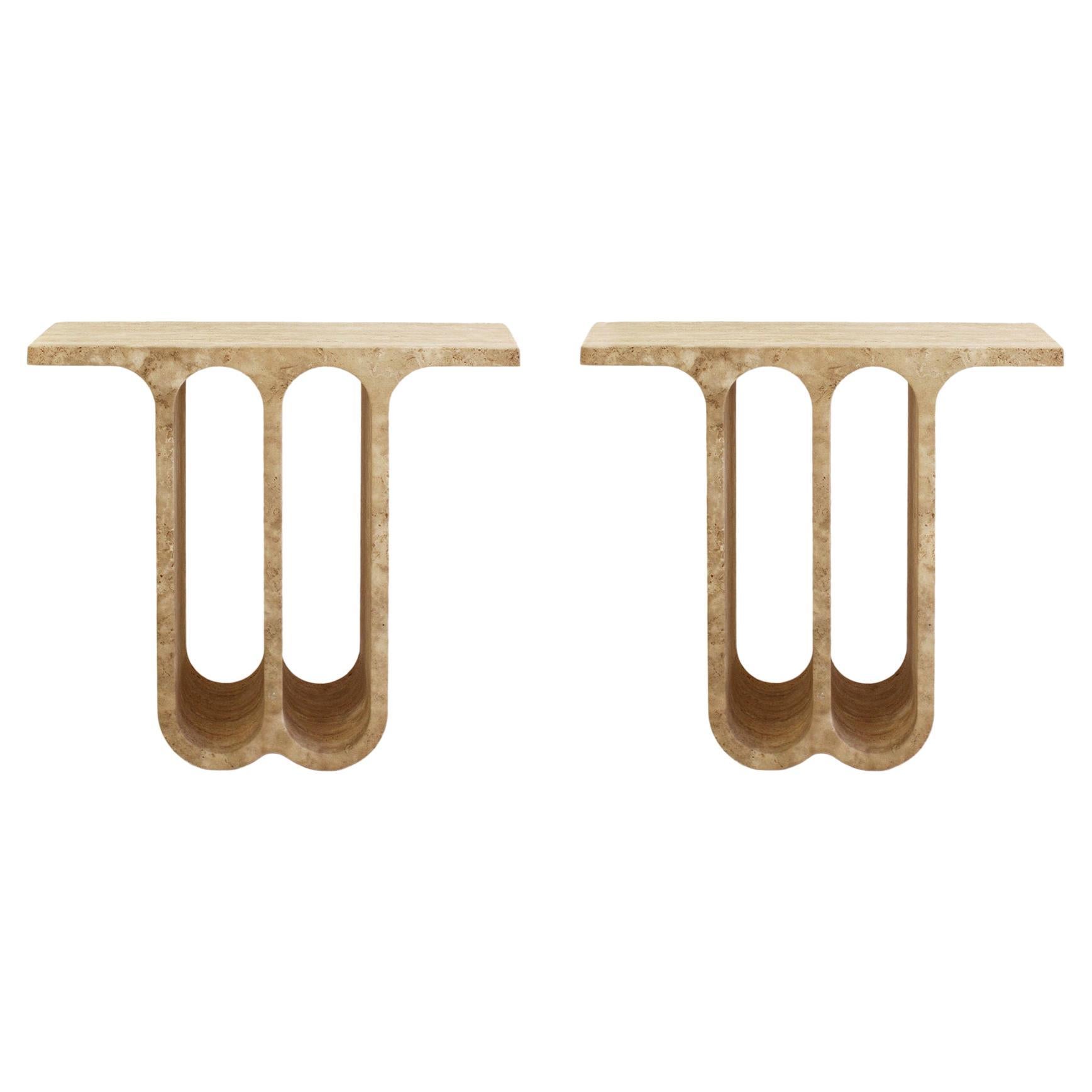 Monolithic Ivory Travertine Arch Consoles, Italy Modern 1980, Set of Two