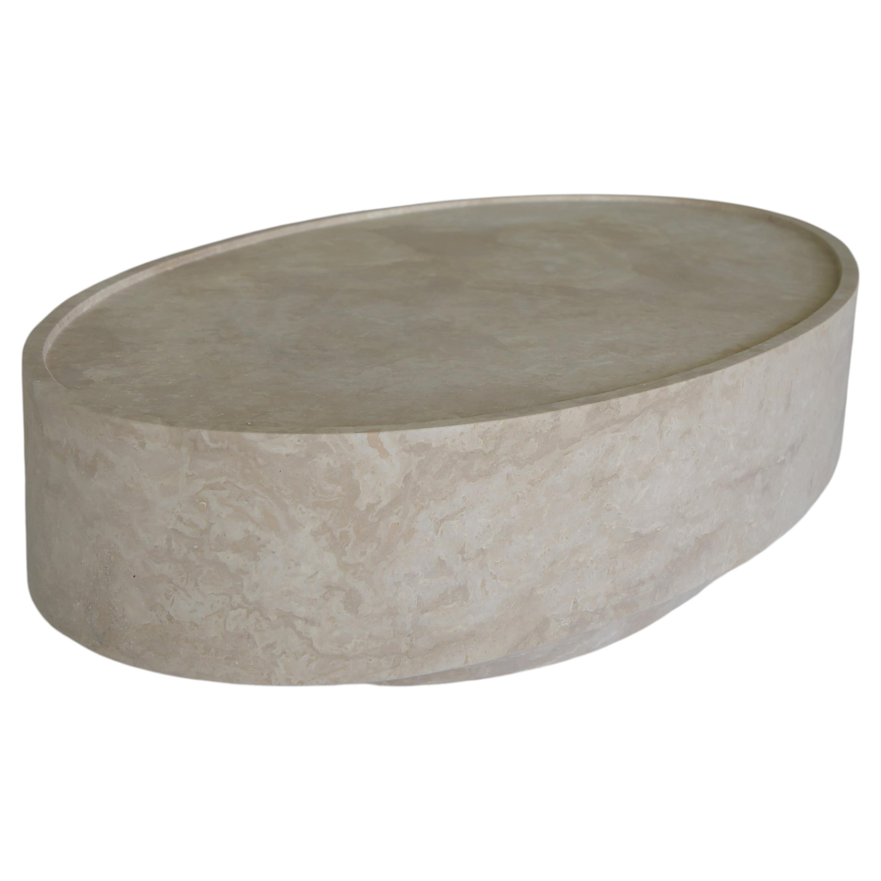 Large Monolithic Oval Coffee Table in Filled Travertine or Marble by My Habitat