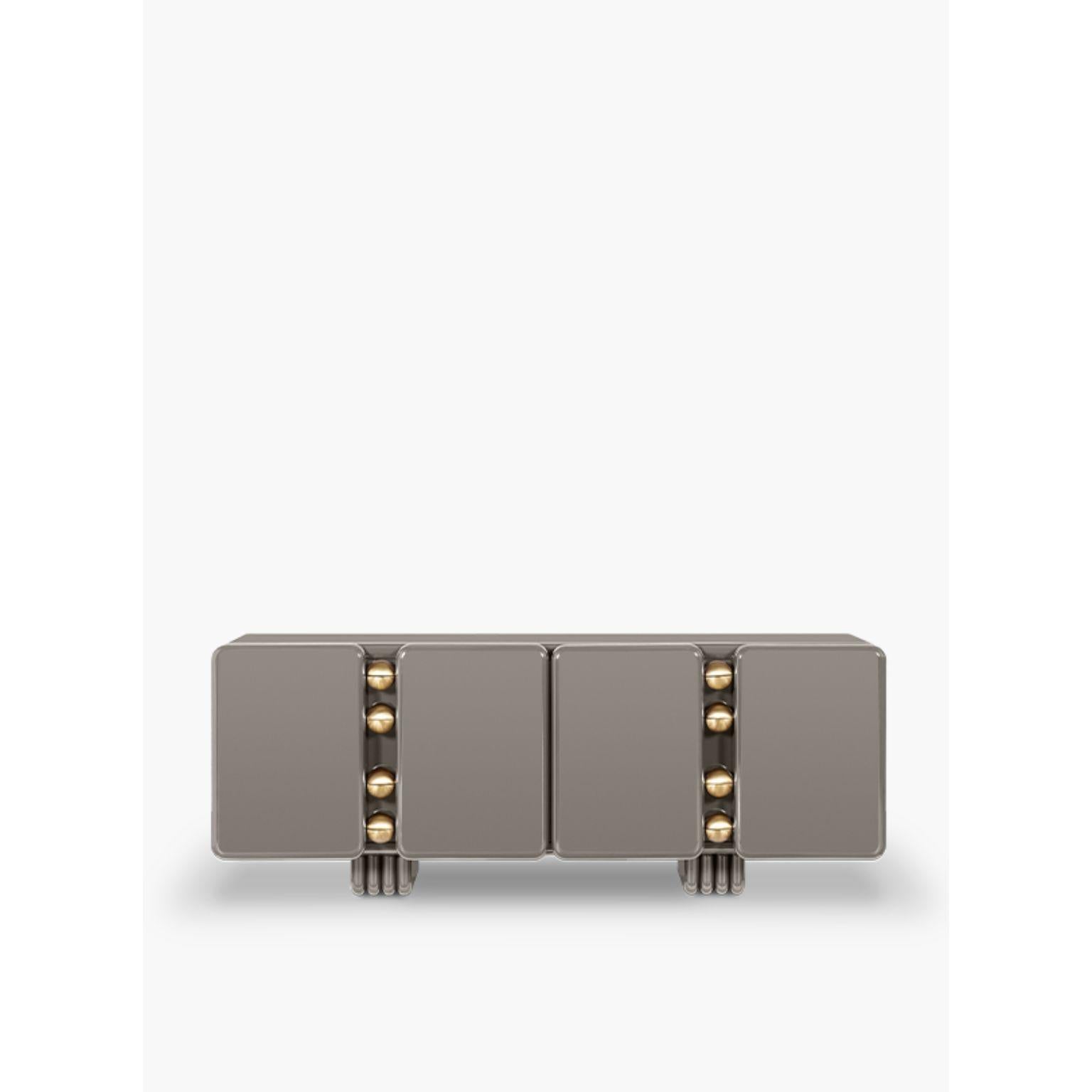 Monolithic sideboard, Royal Stranger
Dimensions: W 220 x D 70 x H 84 cm
Materials: Body cherry grey lacquered with matte finish
 Door hinges brushed brass
Weight: 253 kg 

Finish options
Body available in all NCS/RAL colors with matte or