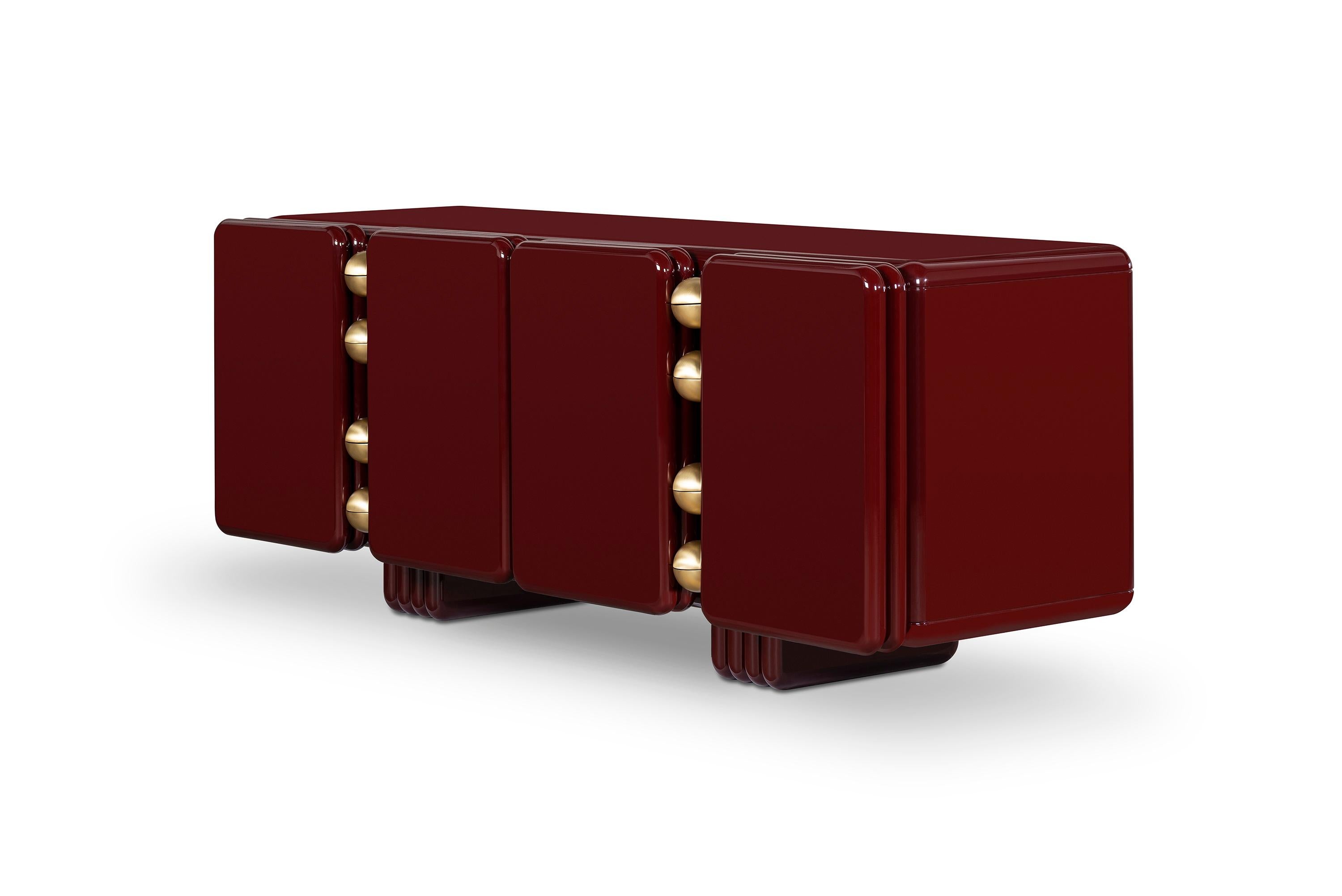 Monolithic sideboard, Royal Stranger
Dimensions: W 220 x D 70 x H 84 cm
Materials: Body cherry red lacquered with glossy finish
 Door hinges brushed brass
Weight: 253 kg 

Finish options
Body available in all NCS/RAL colors with matte or
