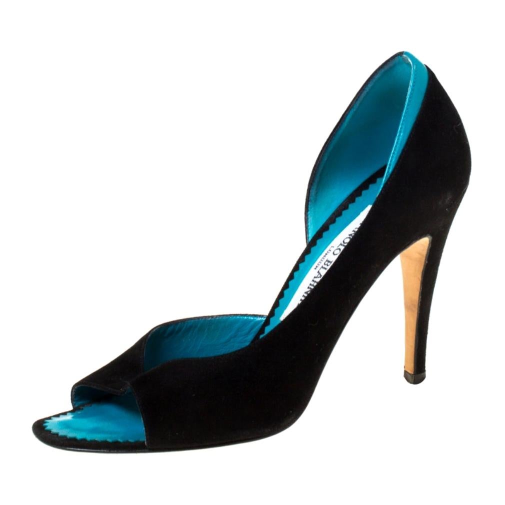 Monolo Blahnik Black/Turquoise Suede D
 Orsay Peep Toe Pumps Size 35