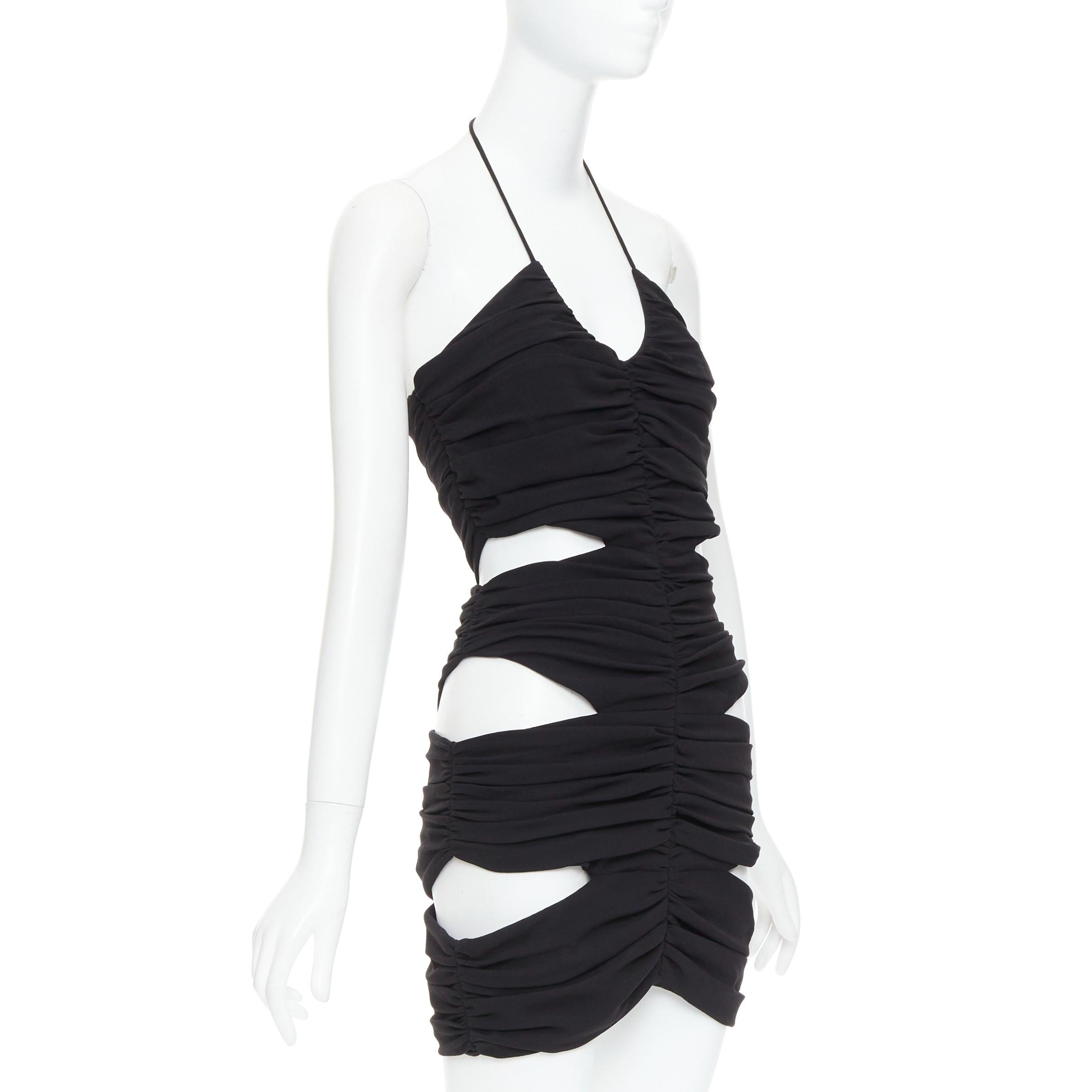 Black MONOT 2022 black halterneck tie back ruched cutout mini party dress US2 S For Sale
