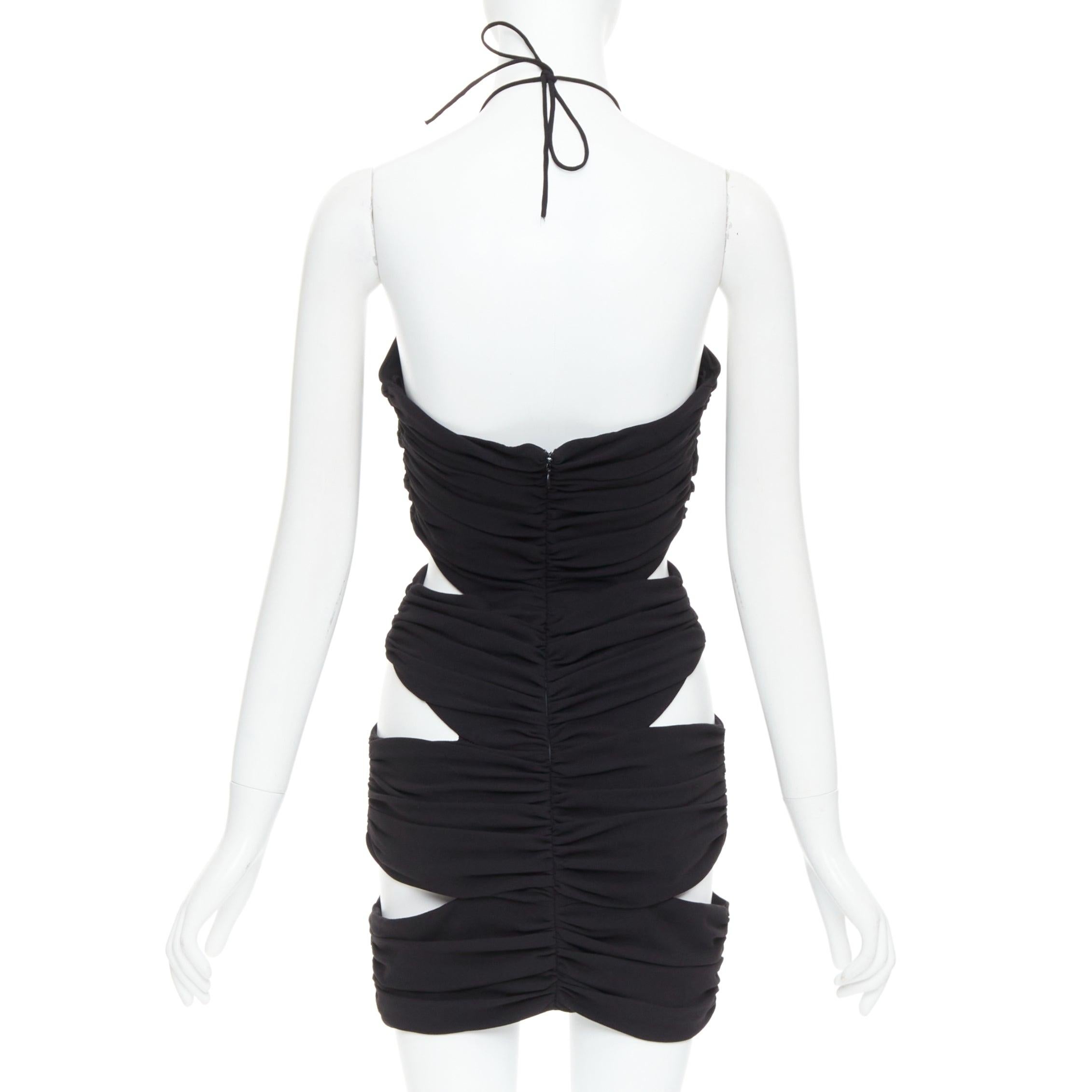 Women's MONOT 2022 black halterneck tie back ruched cutout mini party dress US2 S For Sale