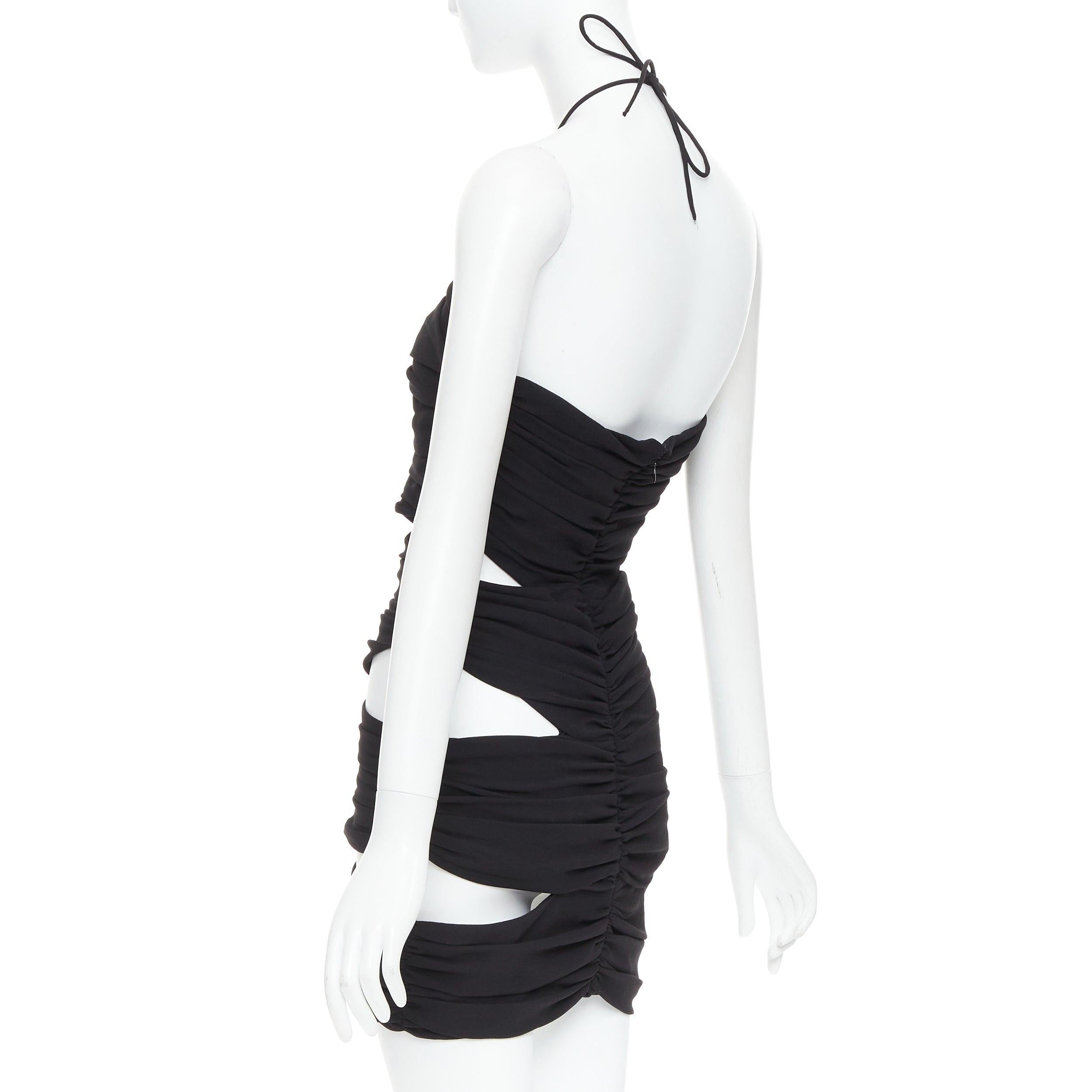 MONOT 2022 black halterneck tie back ruched cutout mini party dress US2 S For Sale 1