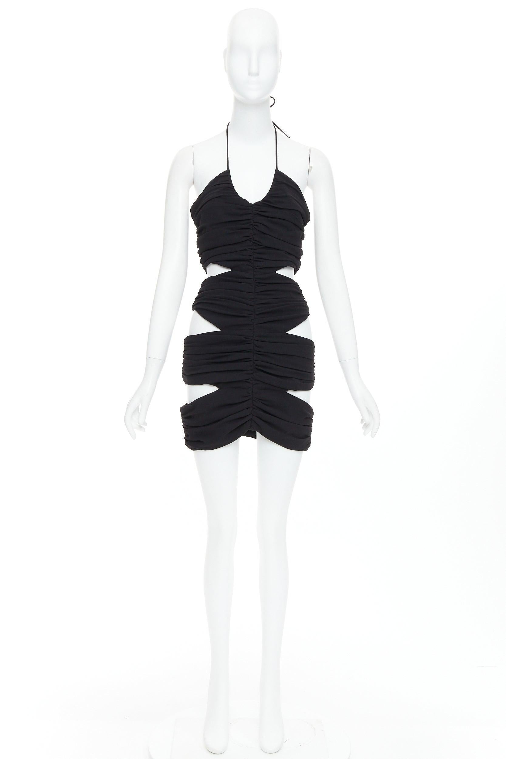 MONOT 2022 black halterneck tie back ruched cutout mini party dress US2 S For Sale 4