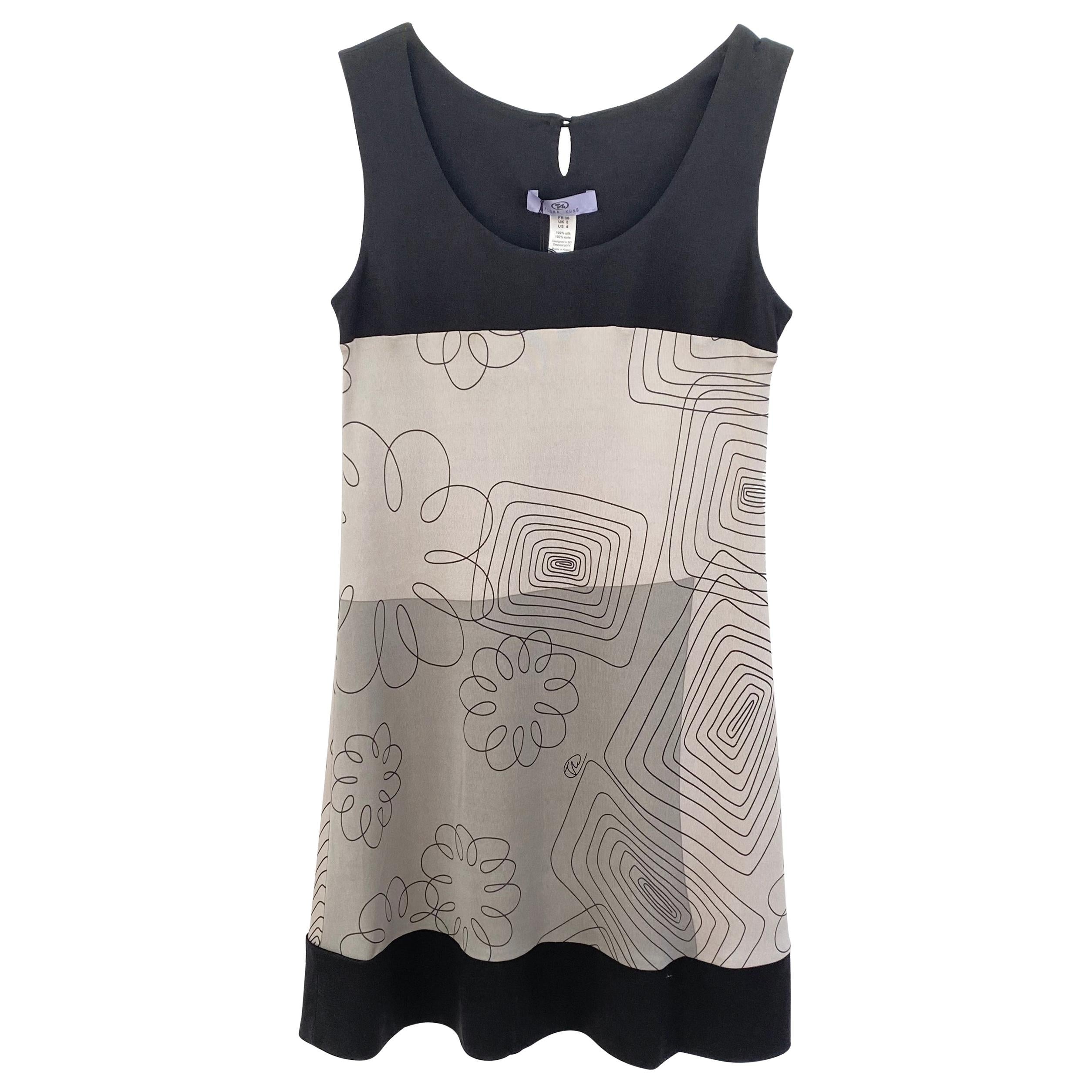 Minimalist Black Gray Scribble Print FLORA KUNG Mini Silk Tank Dress NWT For Sale