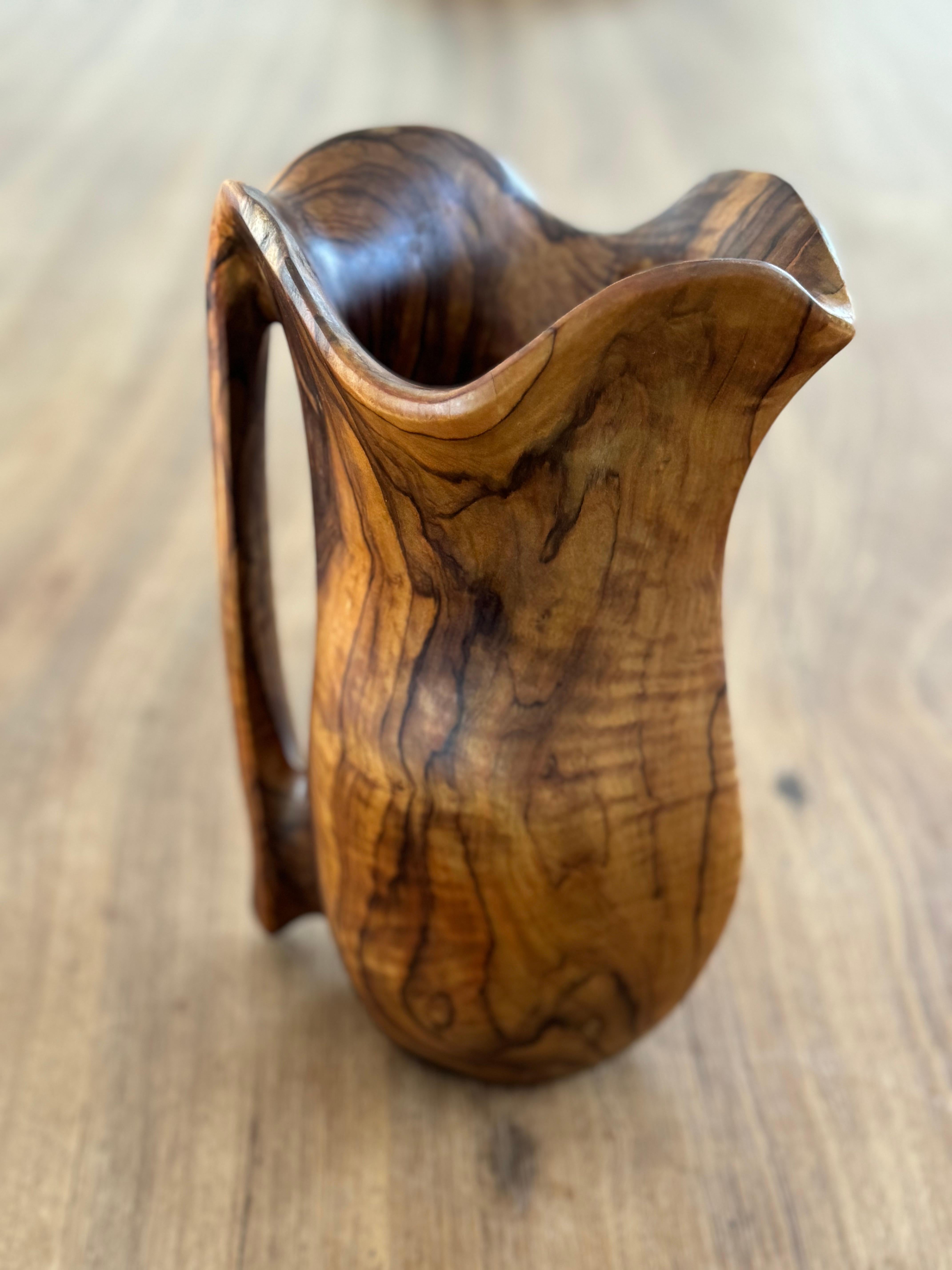 Folk Art Monoxyl pitcher olive wood,  French folk art, Alexandre Noll style, circa 1950s For Sale