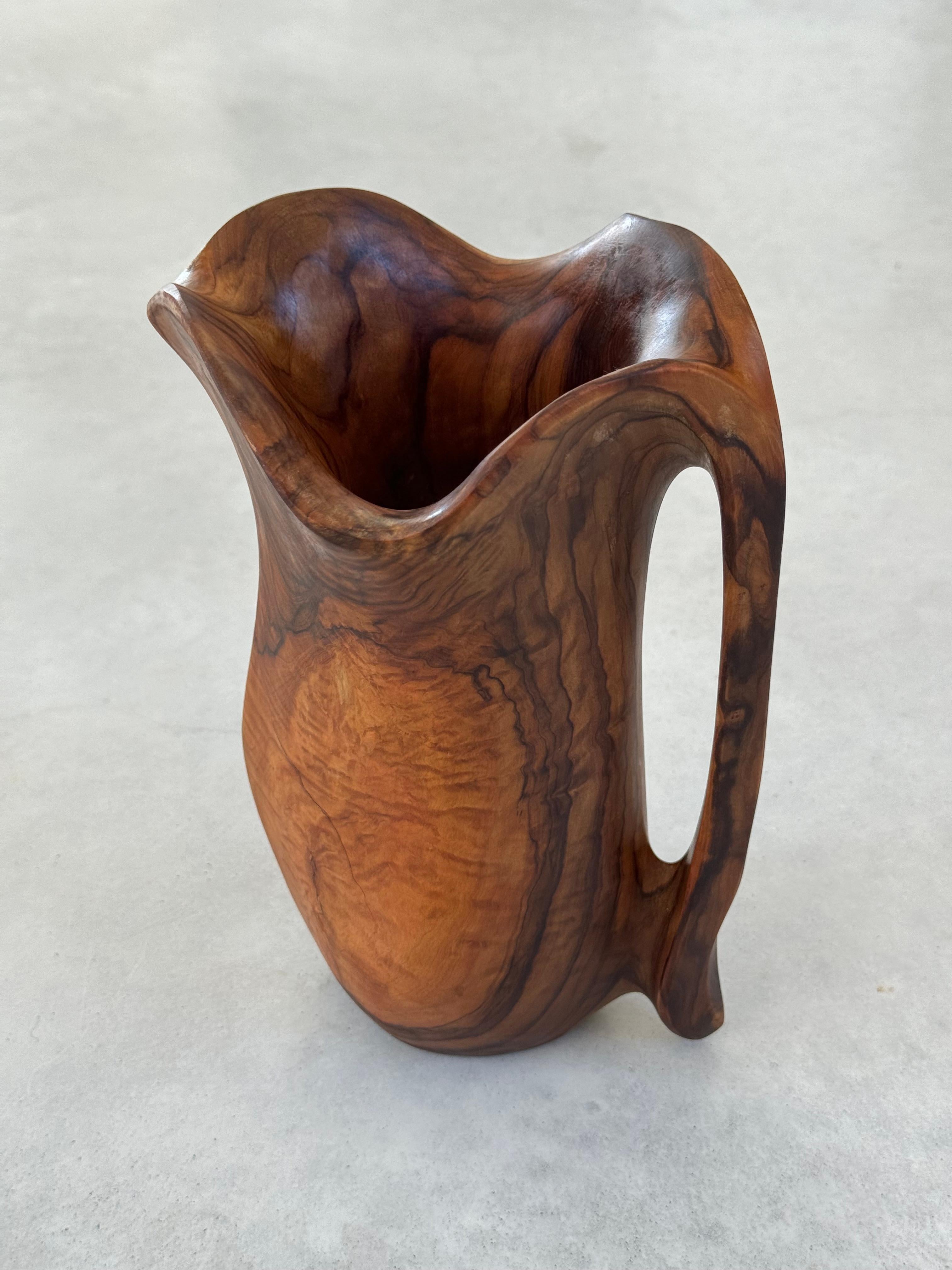 Hand-Carved Monoxyl pitcher olive wood,  French folk art, Alexandre Noll style, circa 1950s For Sale