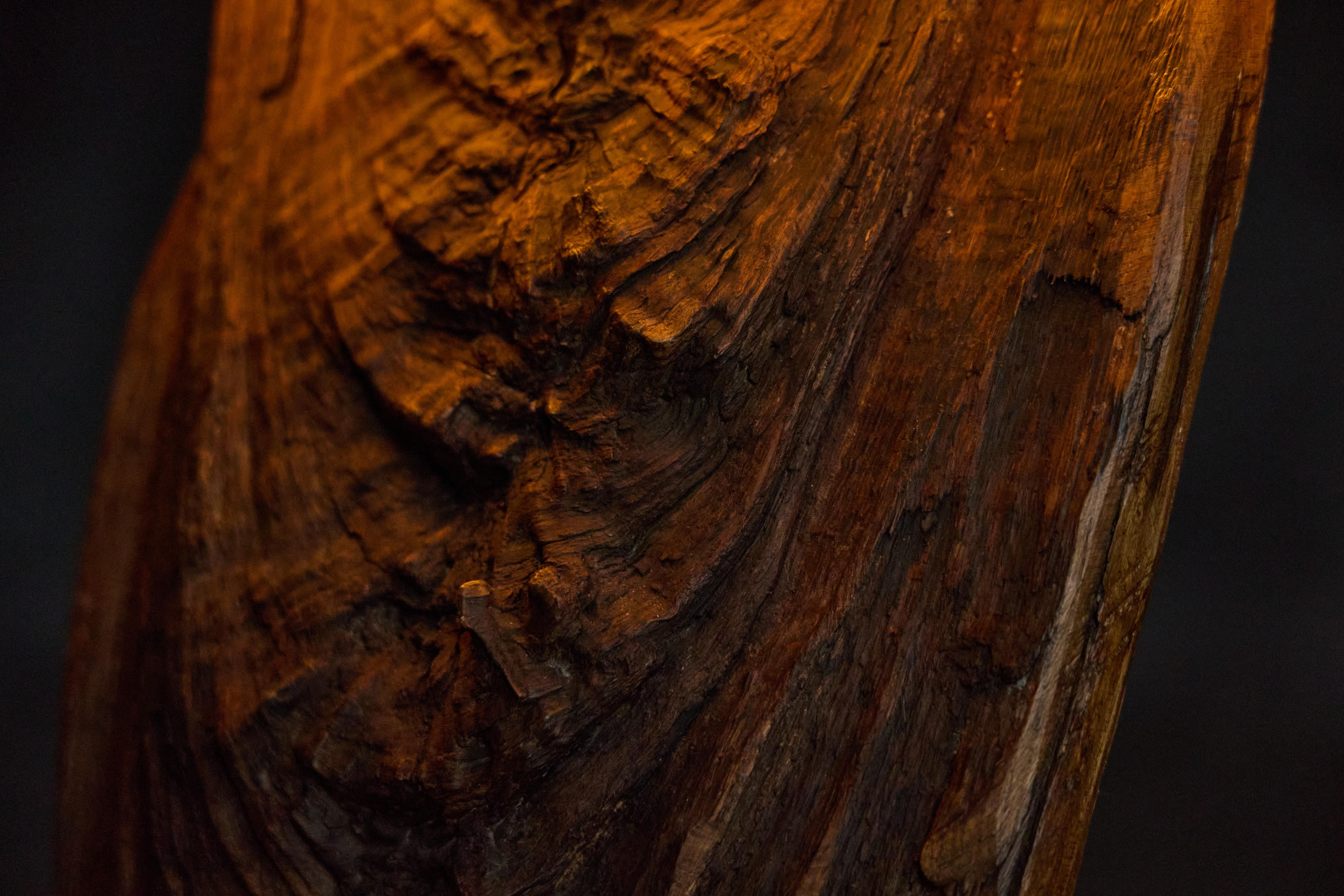 Questa splendida lampada da terra degli anni '70 presenta una base in legno dalla texture unica con intricati motivi naturali, che evocano un'estetica organica e terrena. La lampada è coronata da un morbido paralume a tamburo beige, che diffonde una