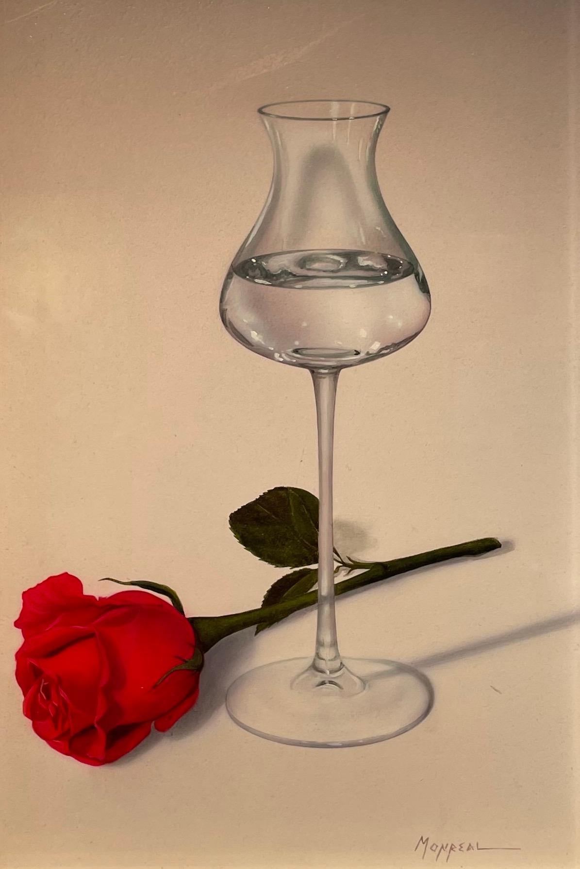 Natura morta Pittura contemporanea di una rosa rossa firmata e di un bicchiere con acqua - Painting di Monreal