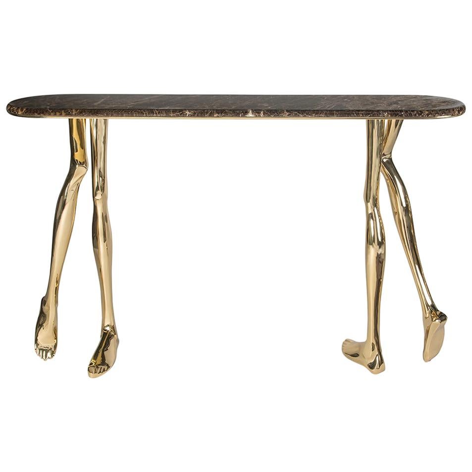 Contemporary Monroe Console Table in Polished Brass, Emperador Marble Tabletop For Sale