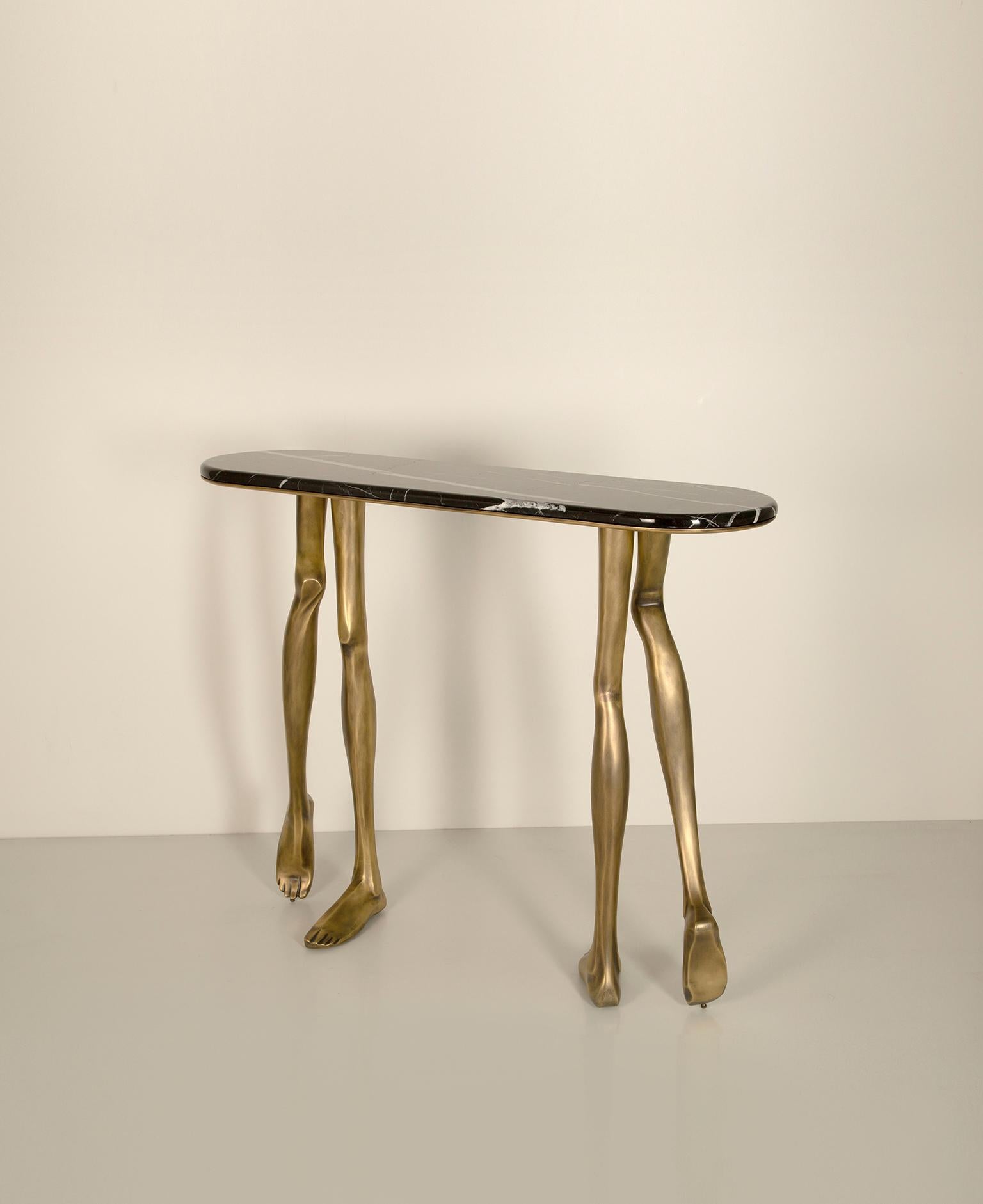 Modern Monroe Console Table with Oxidized Brushed Brass and a Nero Marquina Marble Top For Sale