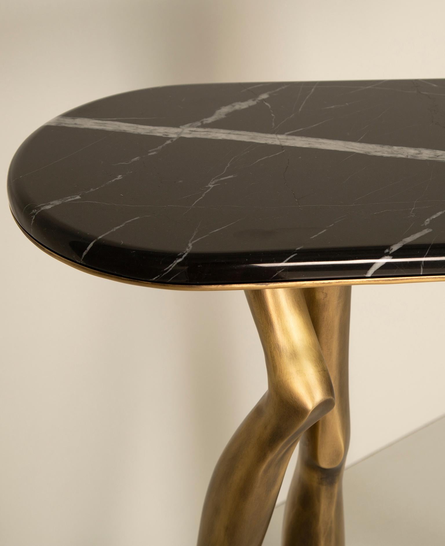 Portuguese Monroe Console Table with Oxidized Brushed Brass and a Nero Marquina Marble Top For Sale