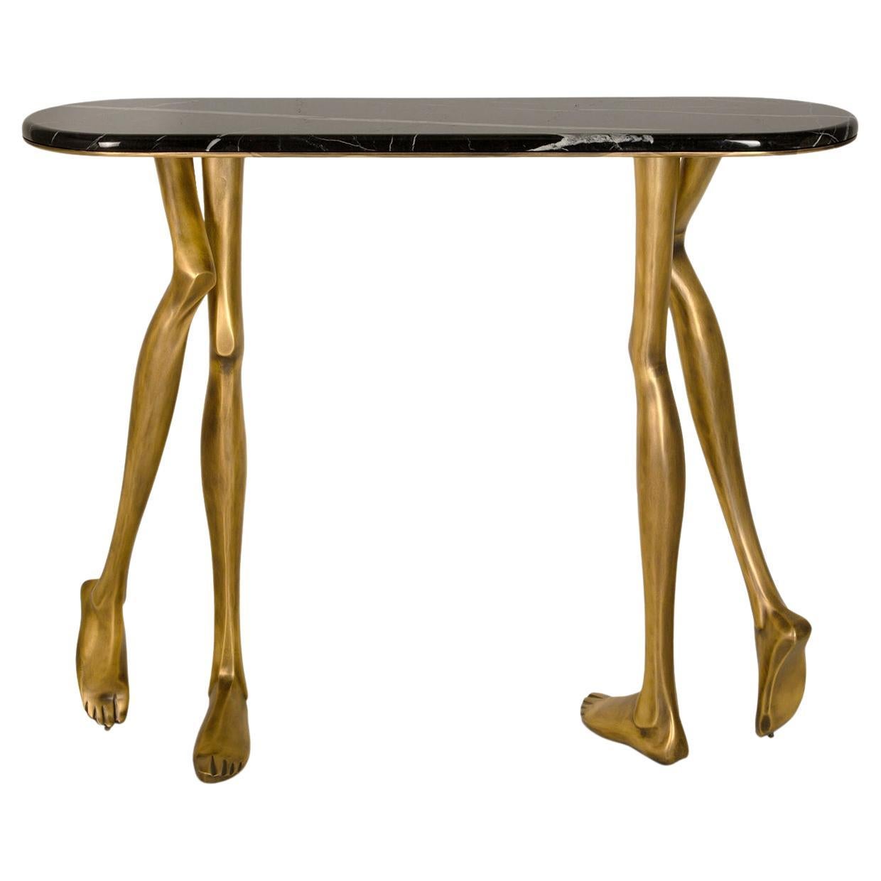 Monroe Console Table with Oxidized Brushed Brass and a Nero Marquina Marble Top For Sale