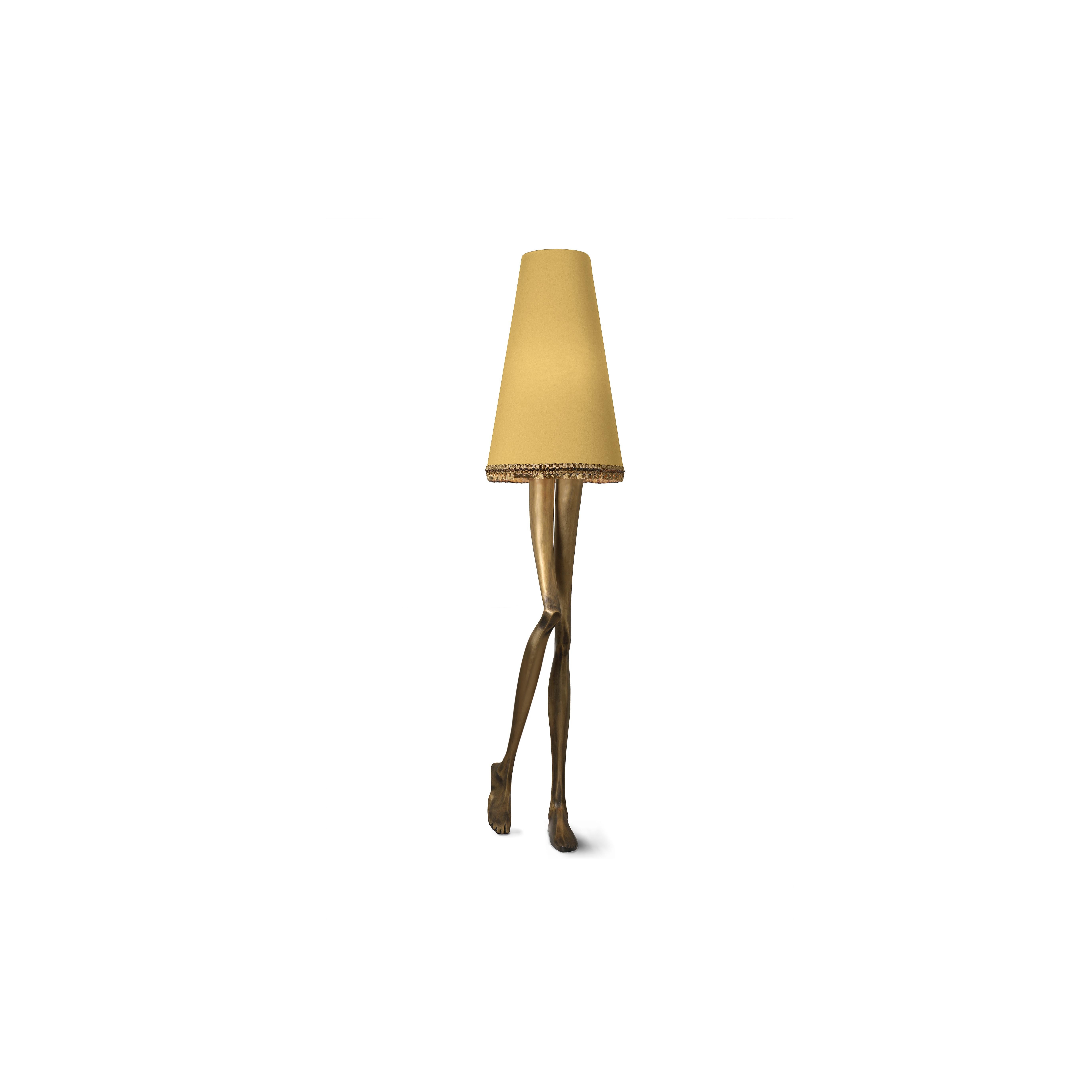 Portuguese Contemporary Monroe Floor Lamp Aged Brass Cast, Lampshade with Tassel Fringe For Sale