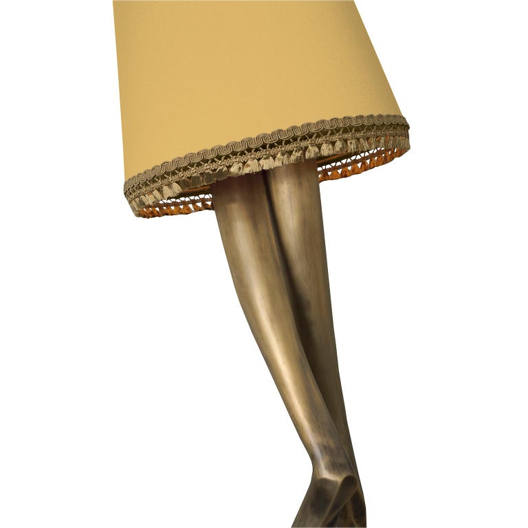 Polished Contemporary Monroe Floor Lamp Aged Brass Cast, Lampshade with Tassel Fringe For Sale