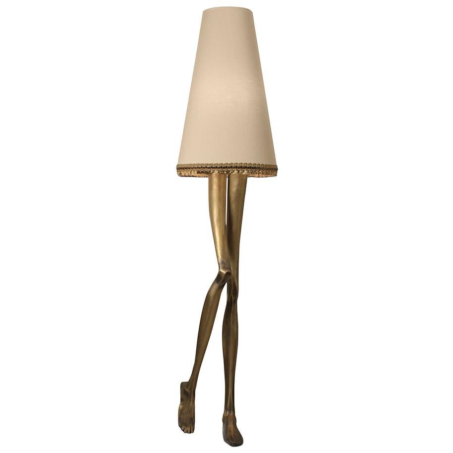 Contemporary Monroe Floor Lamp Aged Brass Cast, Lampshade with Tassel Fringe