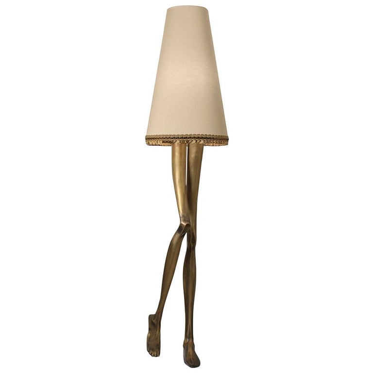 Contemporary Monroe Floor Lamp Aged Brass Cast, Lampshade with Tassel Fringe For Sale