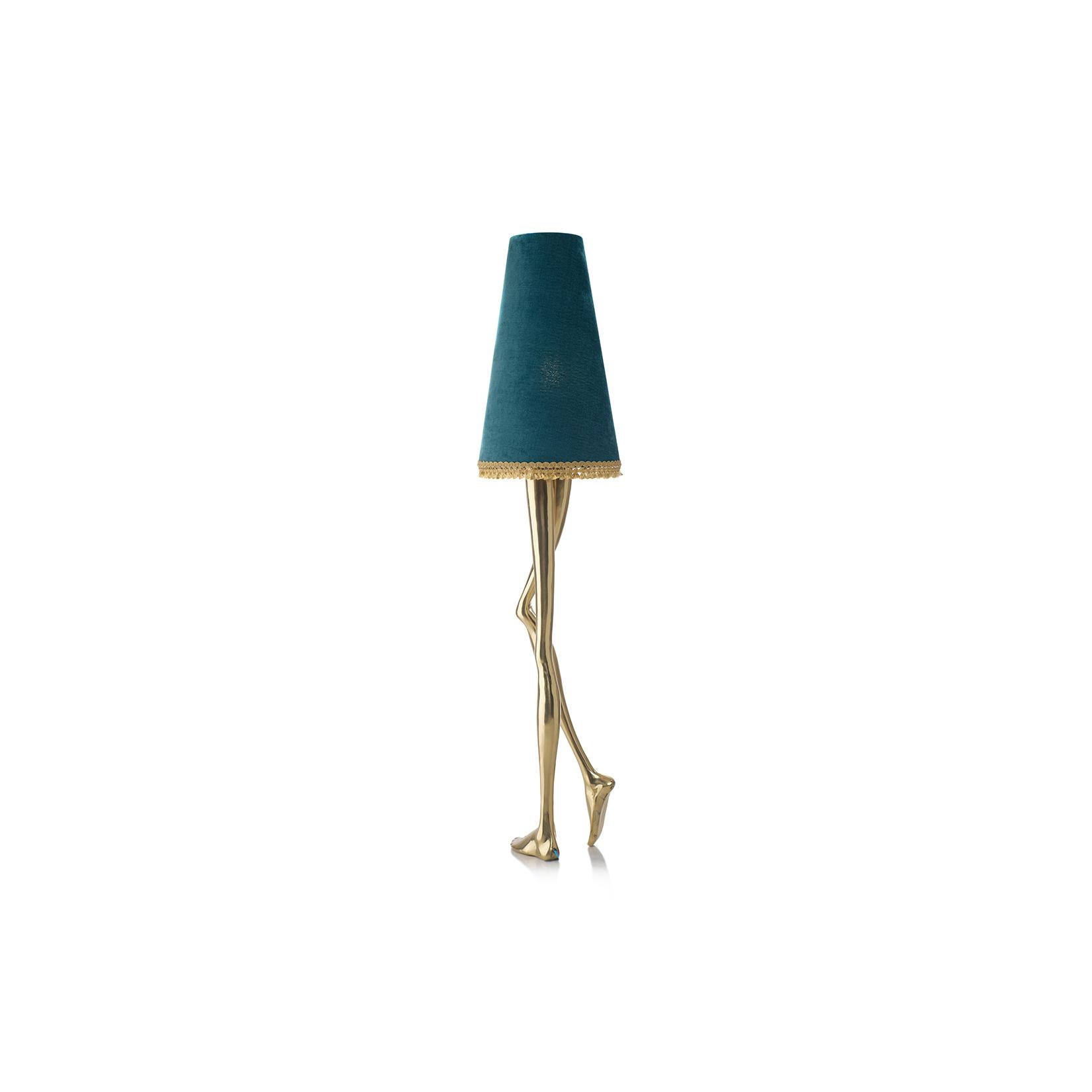 Portuguese Contemporary Monroe Floor Lamp Polished Brass Cast, Blue Lampshade, Art Lighting For Sale