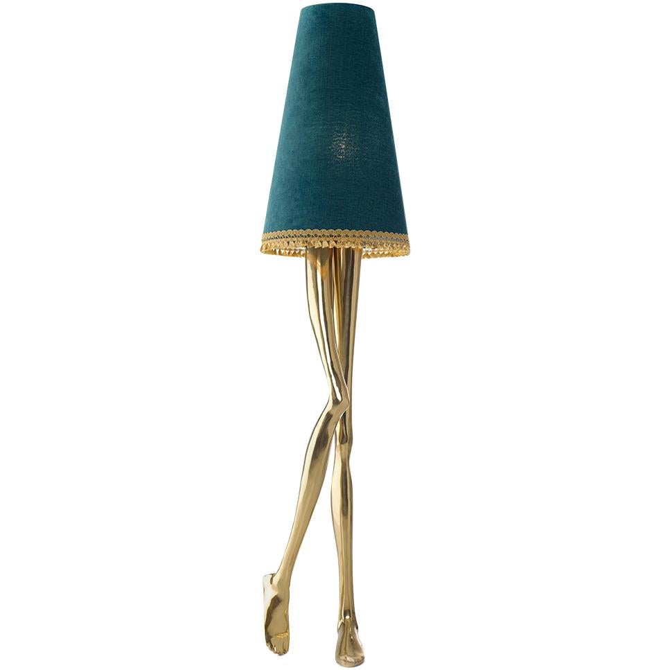 Contemporary Monroe Floor Lamp Polished Brass Cast, Blue Lampshade, Art Lighting