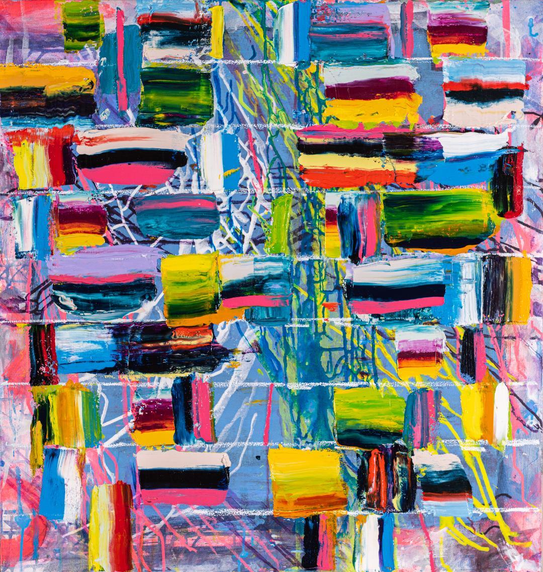 Monroe Hodder Abstract Painting - Both Sides Now, bold bright colorful abstract, patterns, 