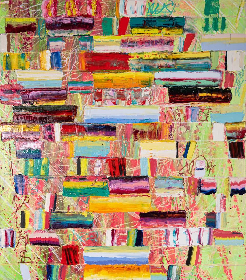 March of the Zapotec, original oil over acrylic on canvas painting by American artist Monroe Hodder. Hodder’s abstract paintings are gloriously bold. Inspired by the urban backdrops of her life in New York and London, Hodder is not afraid to play