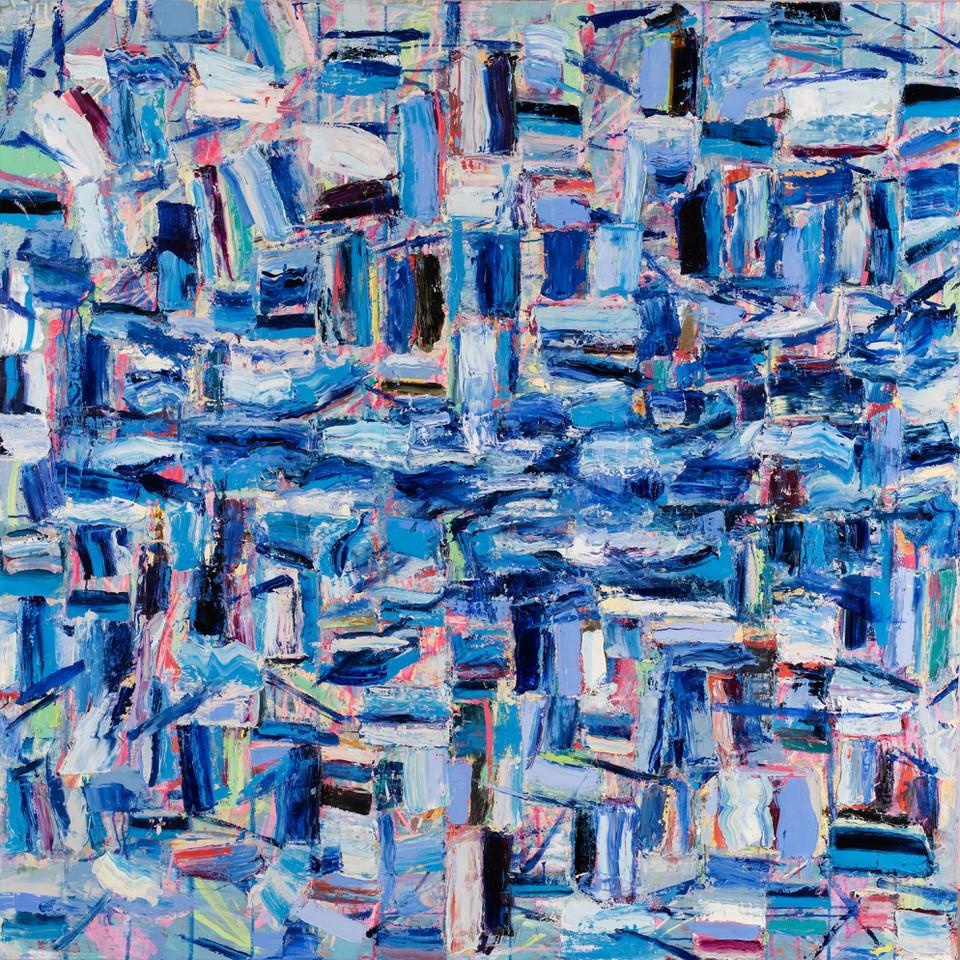 River In The Sea-Monroe Hodder, American, Abstract, Bold, Modern, sea, Blue, Oil