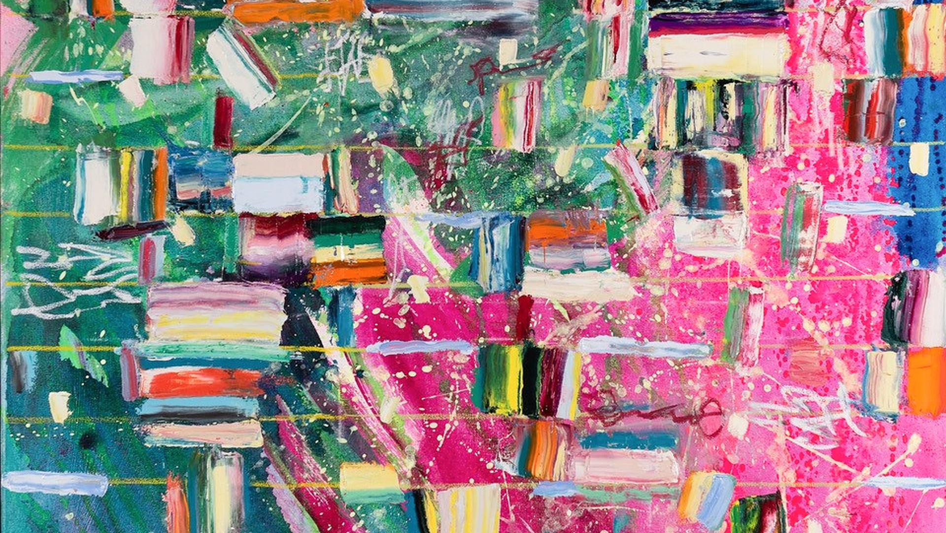 Stairway to June, original oil over acrylic on canvas painting by American artist Monroe Hodder. Hodder’s abstract paintings are gloriously bold. Inspired by the urban backdrops of her life in New York and London, Hodder is not afraid to play with a
