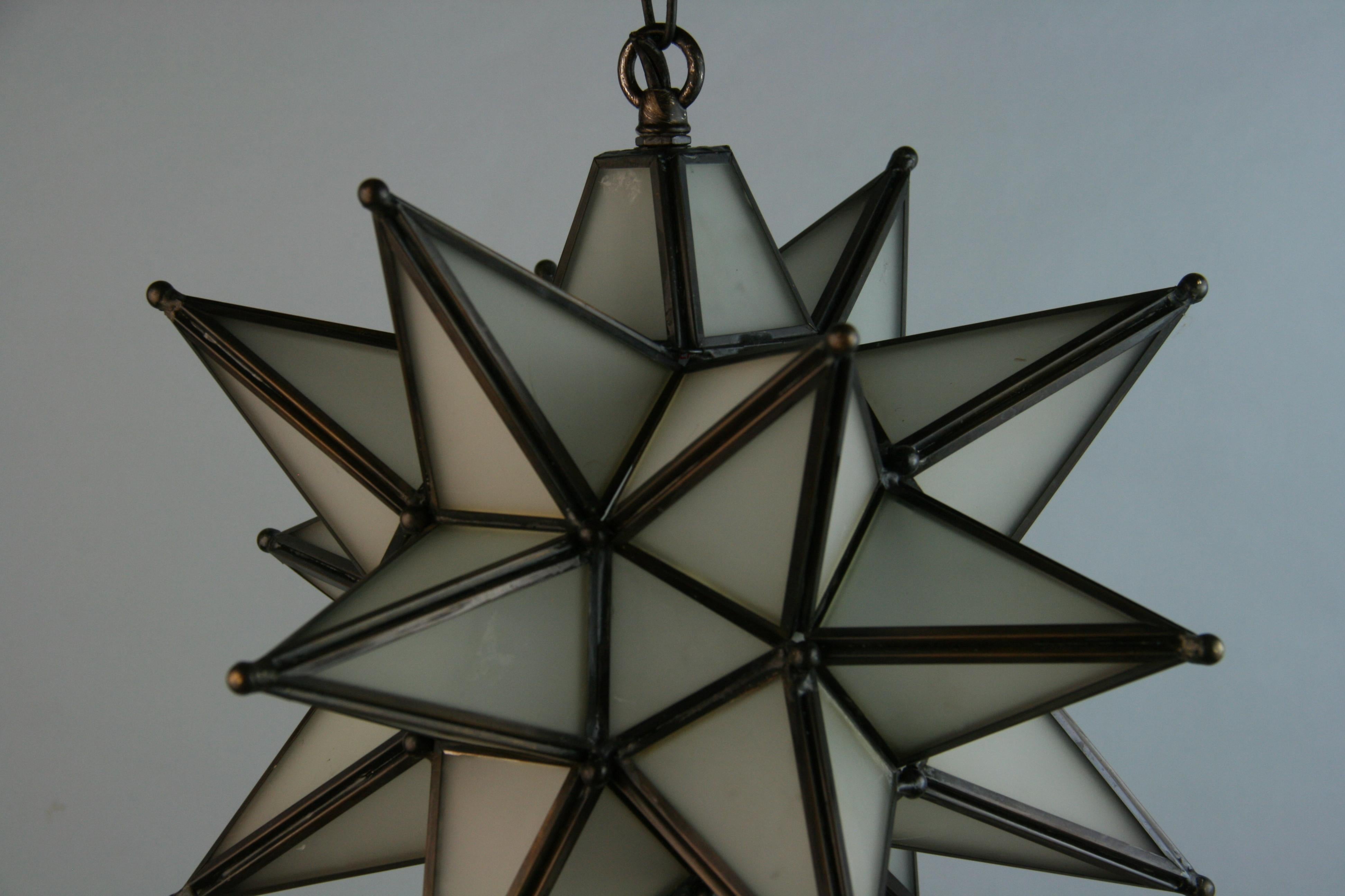 Monrovian Star Frosted Glass Pendant 1980's(2 available) In Good Condition For Sale In Douglas Manor, NY