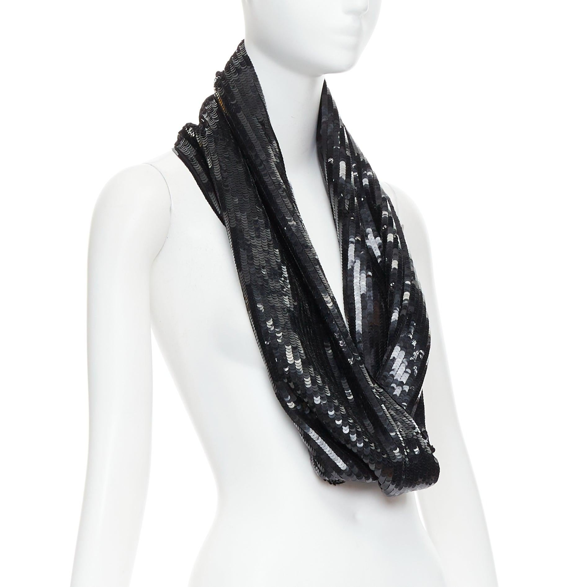Black MONSE 100% silk black sequinned wrap around infinity circle scarf For Sale