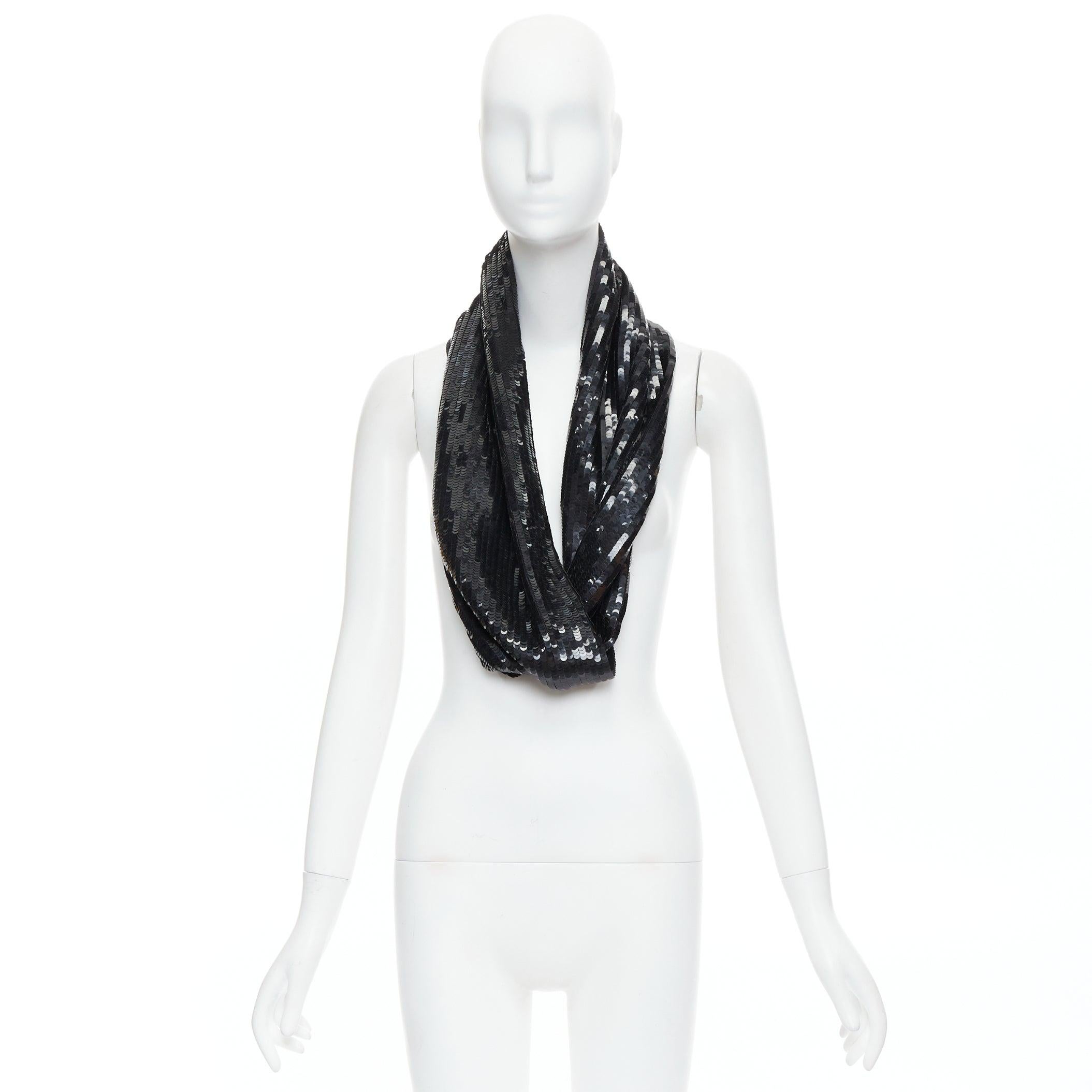 MONSE 100% silk black sequinned wrap around infinity circle scarf For Sale 4
