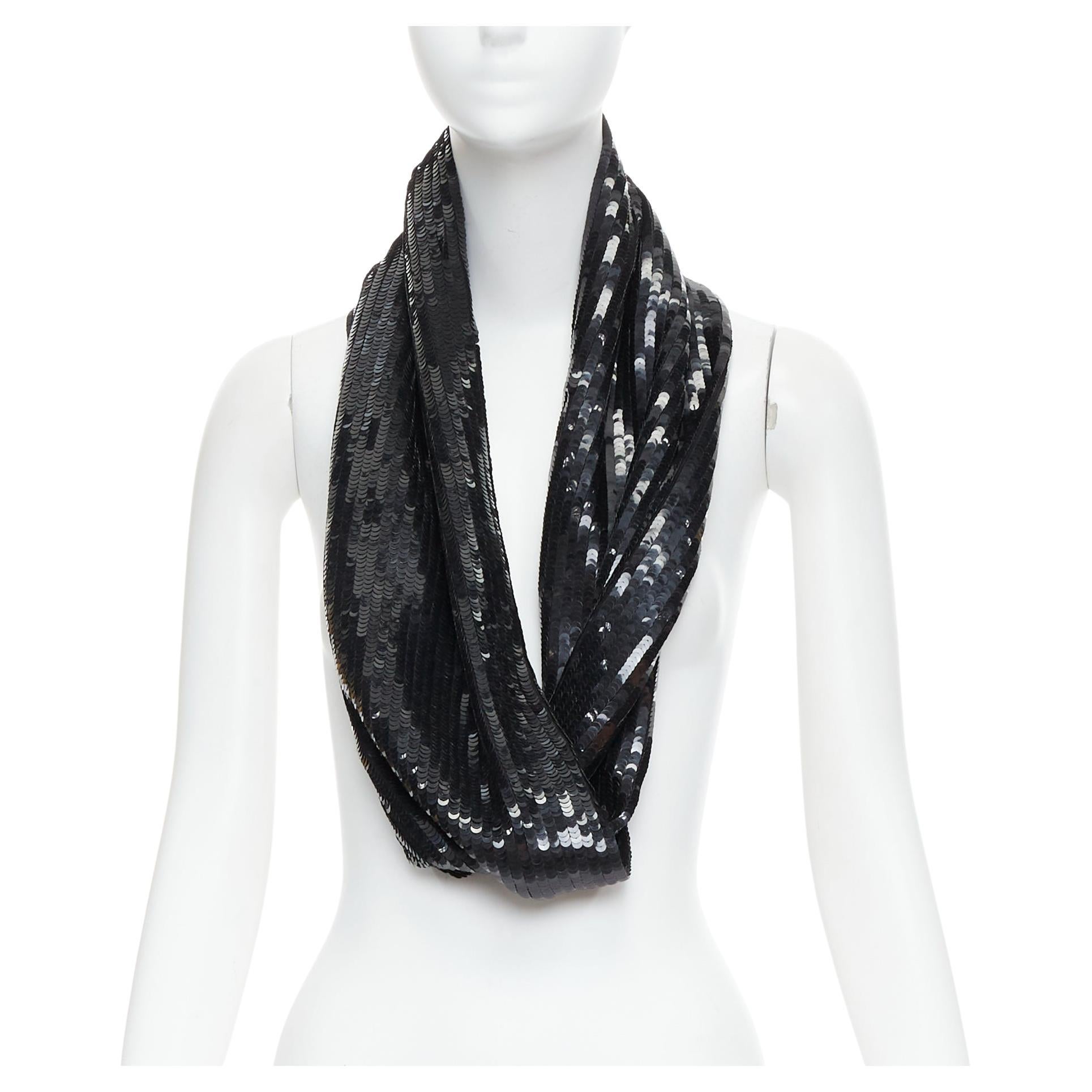 MONSE 100% silk black sequinned wrap around infinity circle scarf For Sale