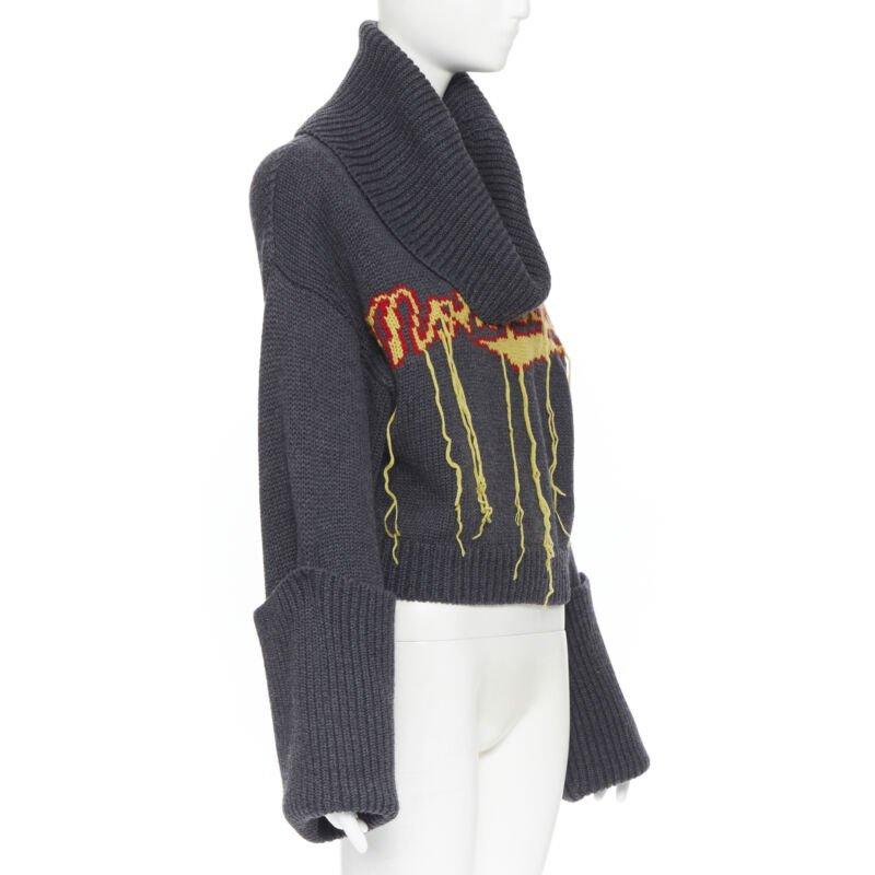 Black MONSE 100% wool Monsfield fringe intarsia knit oversized cropped sweater S For Sale