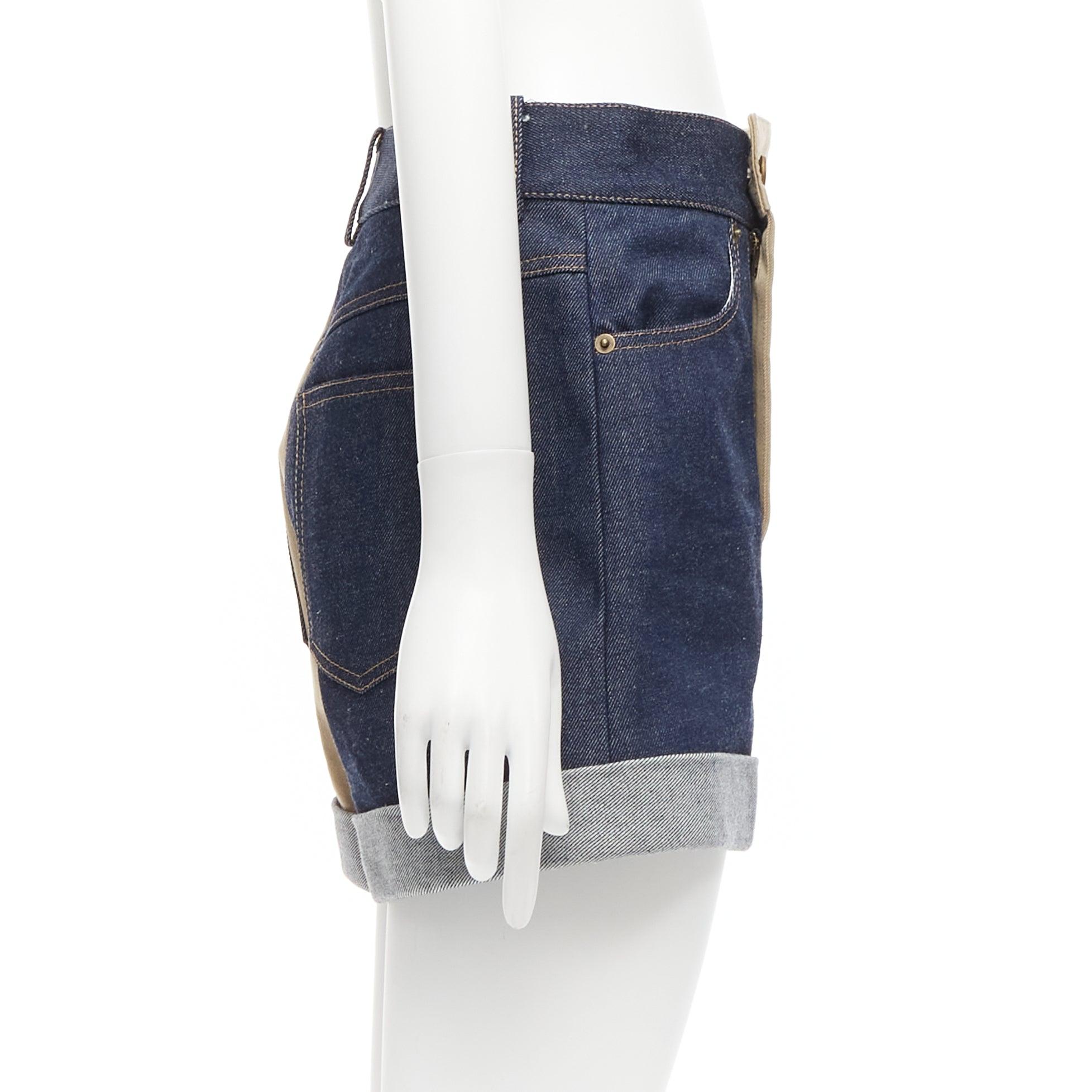 Black MONSE beige blue cotton denim deconstructed panelled cuffed shorts US2 S