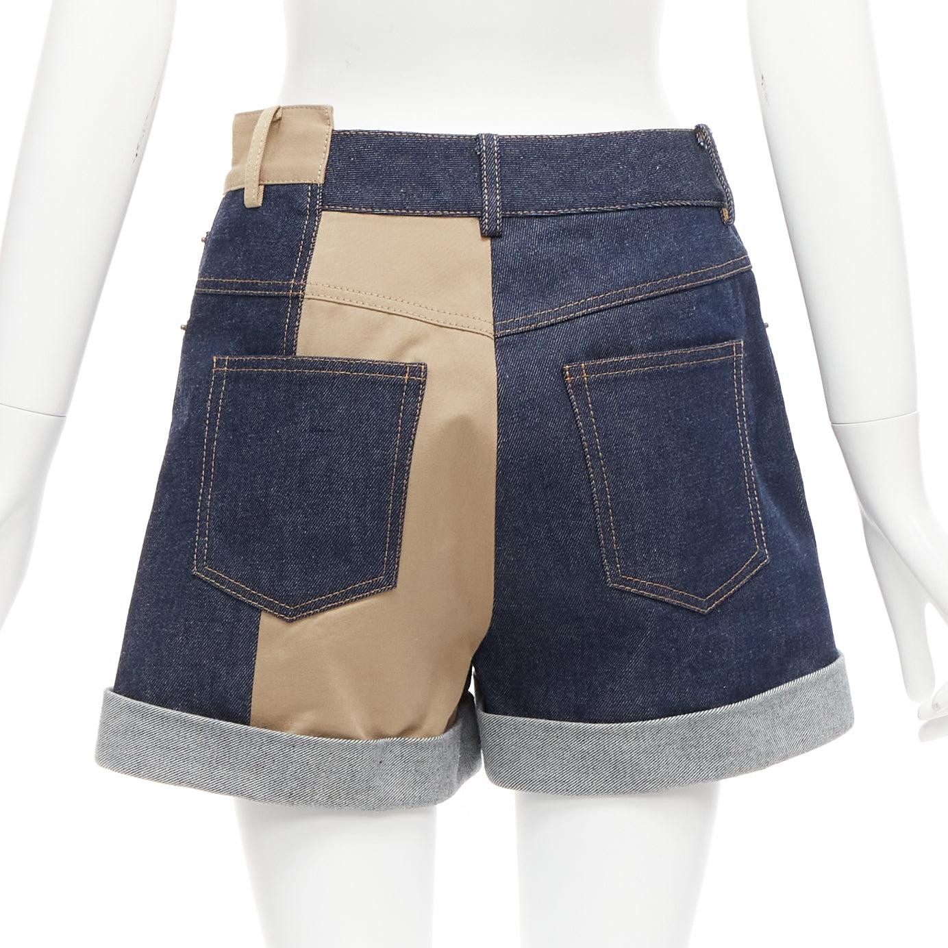 MONSE beige blue cotton denim deconstructed panelled cuffed shorts US2 S In Excellent Condition In Hong Kong, NT
