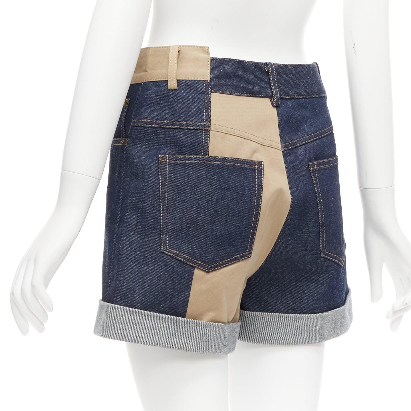 Women's MONSE beige blue cotton denim deconstructed panelled cuffed shorts US2 S