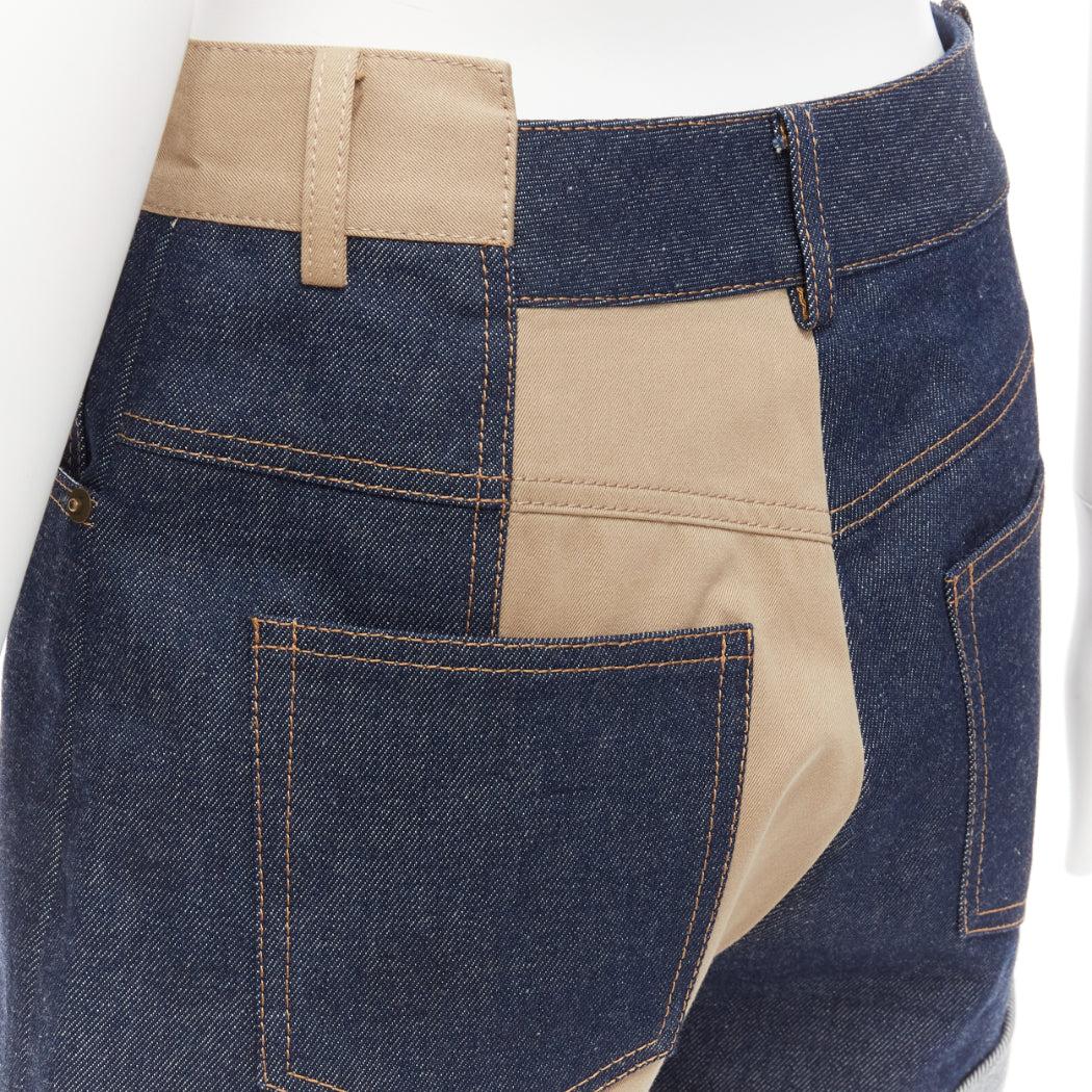 MONSE beige blue cotton denim deconstructed panelled cuffed shorts US2 S 1