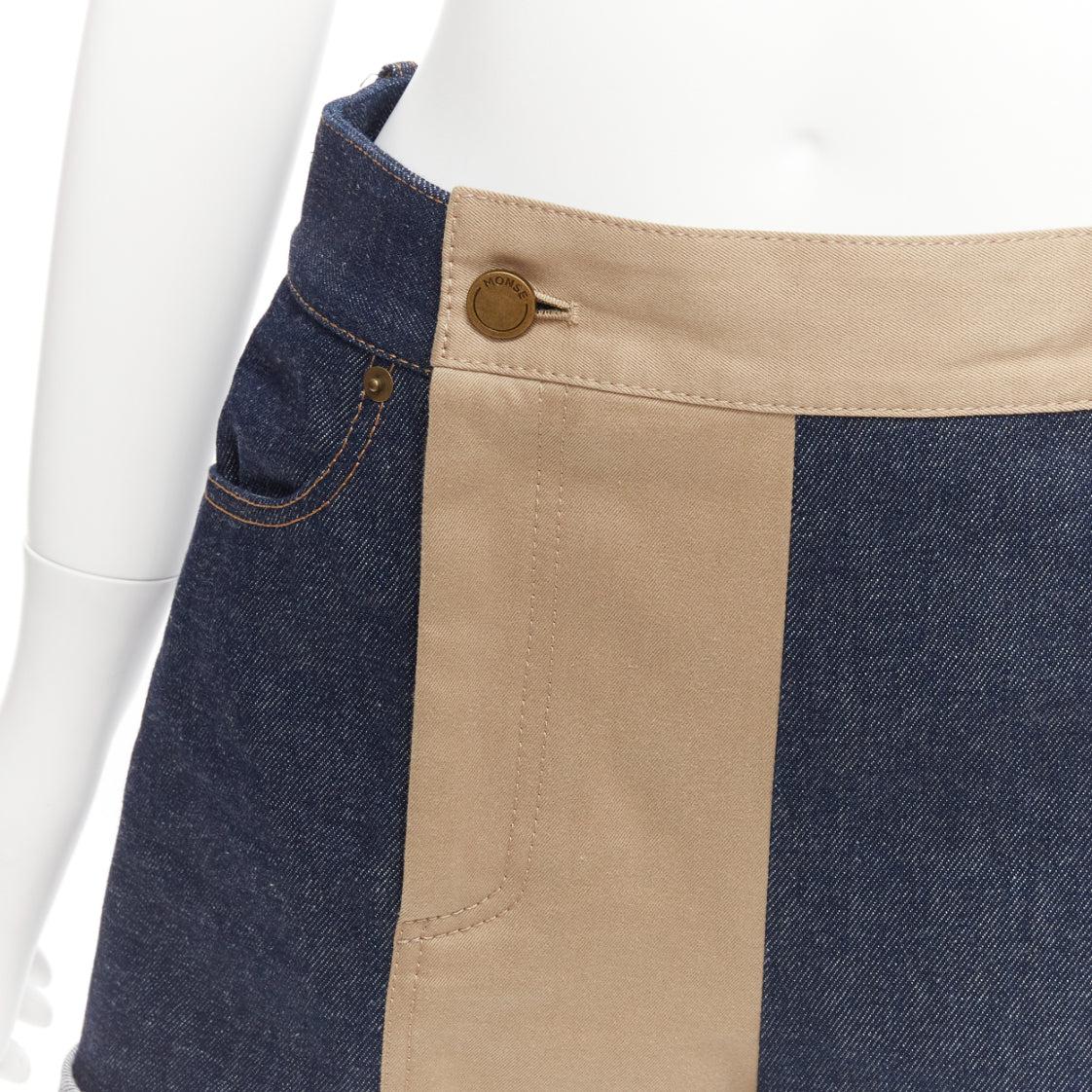 MONSE beige blue cotton denim deconstructed panelled cuffed shorts US2 S 2