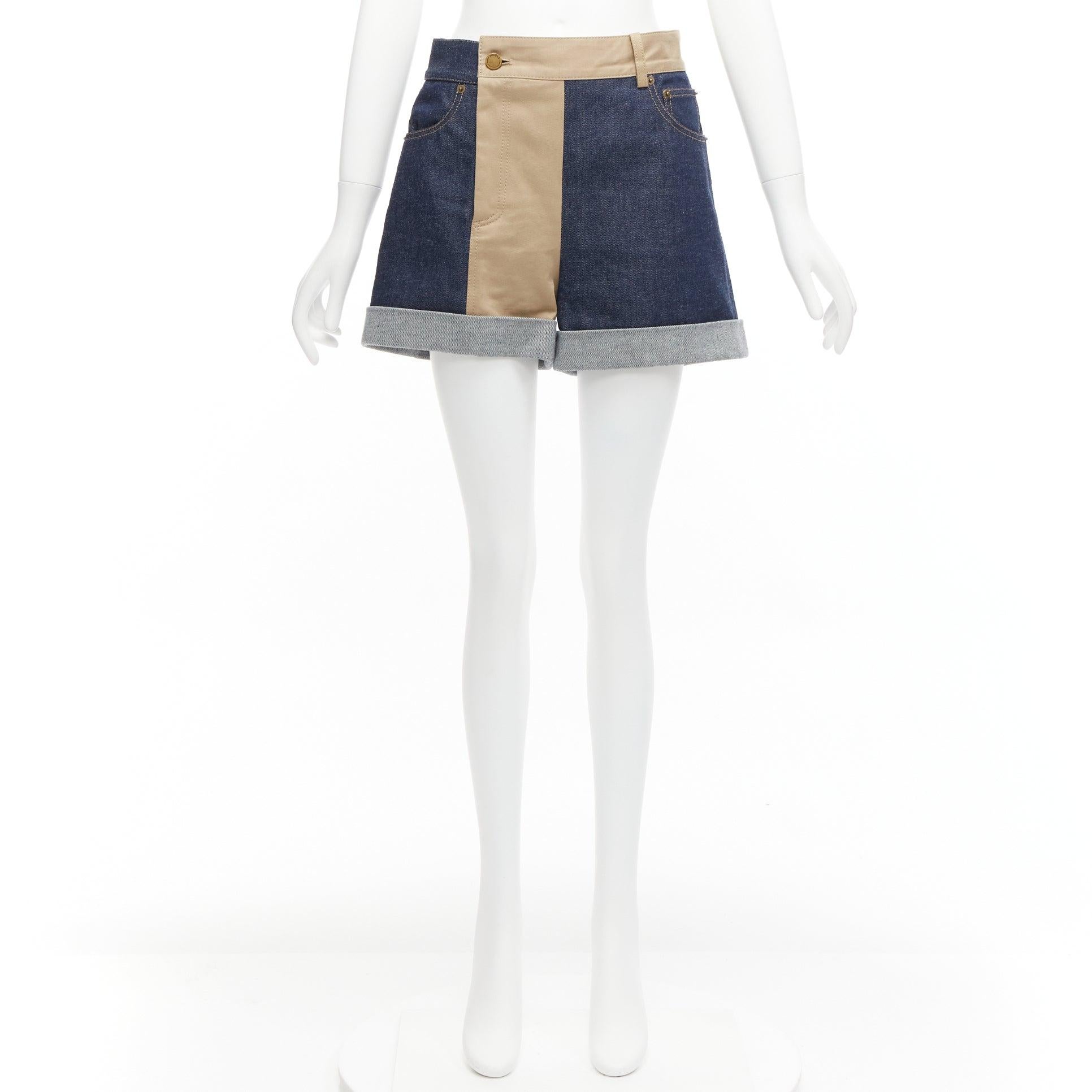 MONSE beige blue cotton denim deconstructed panelled cuffed shorts US2 S 4