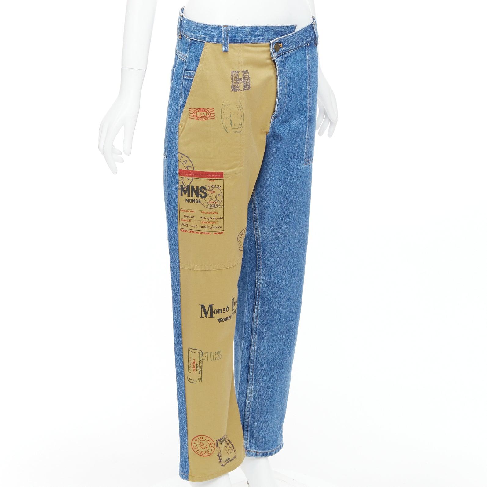 Blue MONSE beige blue postcard print camo split contrast jeans US6 M For Sale