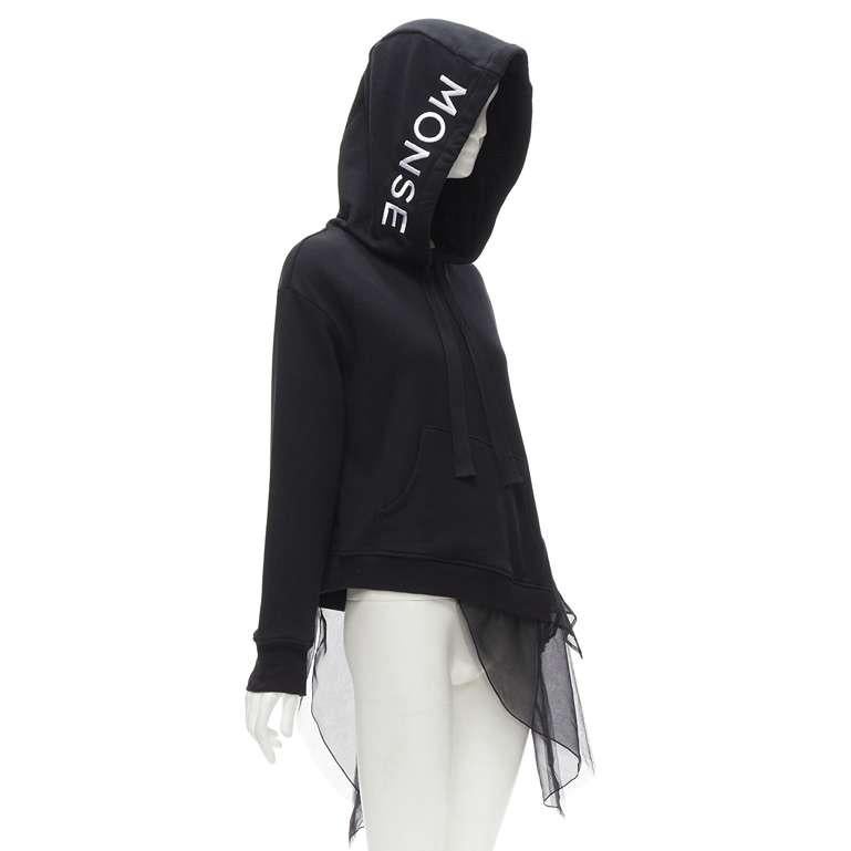Black MONSE black deconstructed tulle insert logo embroidered hood sweatshirt XS For Sale