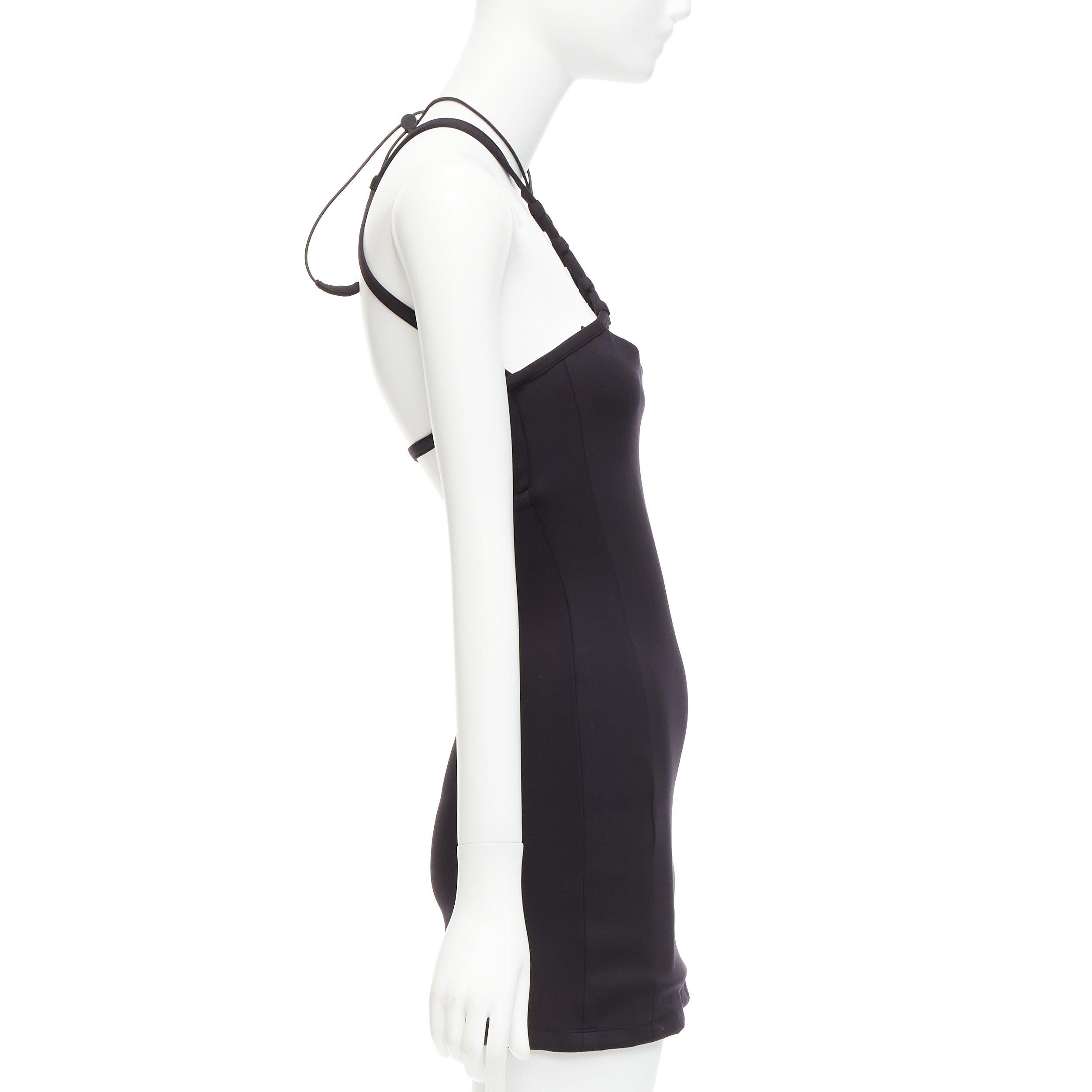 Women's MONSE black jersey white logo back sportif bungee strap halter mini dress XS For Sale