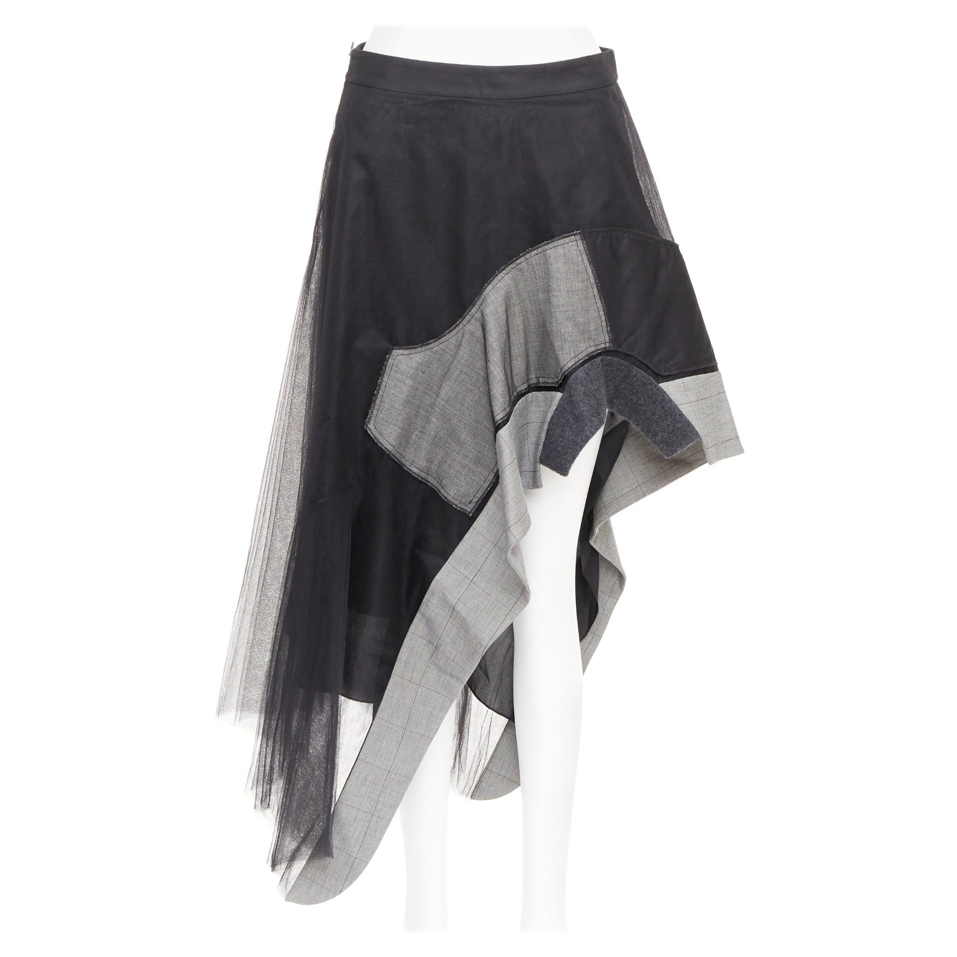 Pre-owned Monse Black Nylon Tulle Wool Glen Plaid Deconstructed Asymmetric Skirt Us0 Xs