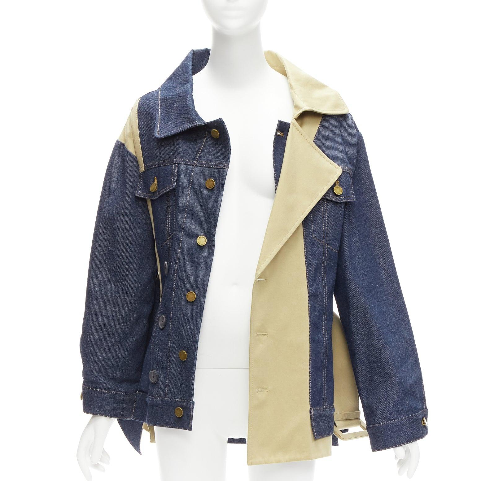 Beige MONSE blue khaki cotton denim deconstructed trench jacket XS